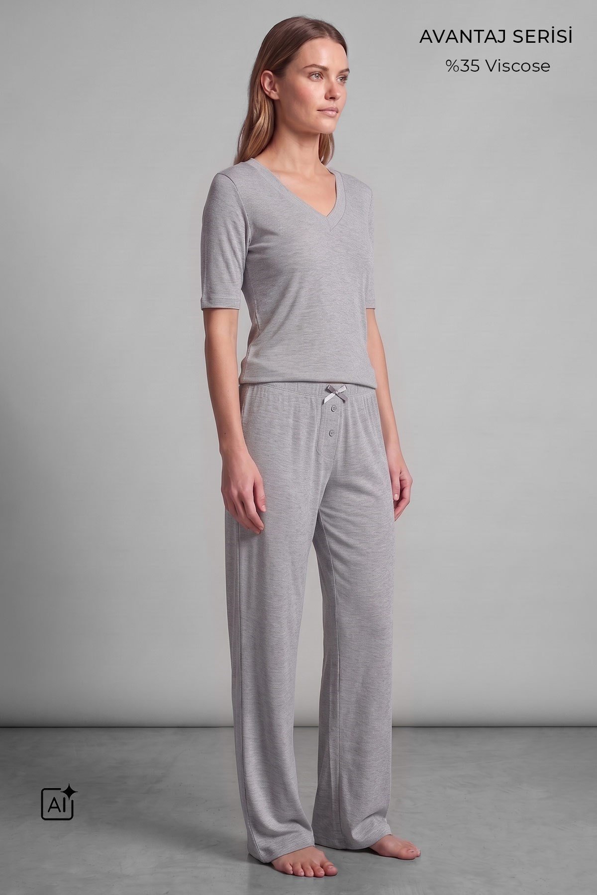 Mısırlı Kadın Viskon Kaşkorse Kısa Kol Pijama Takım Gri Melanj