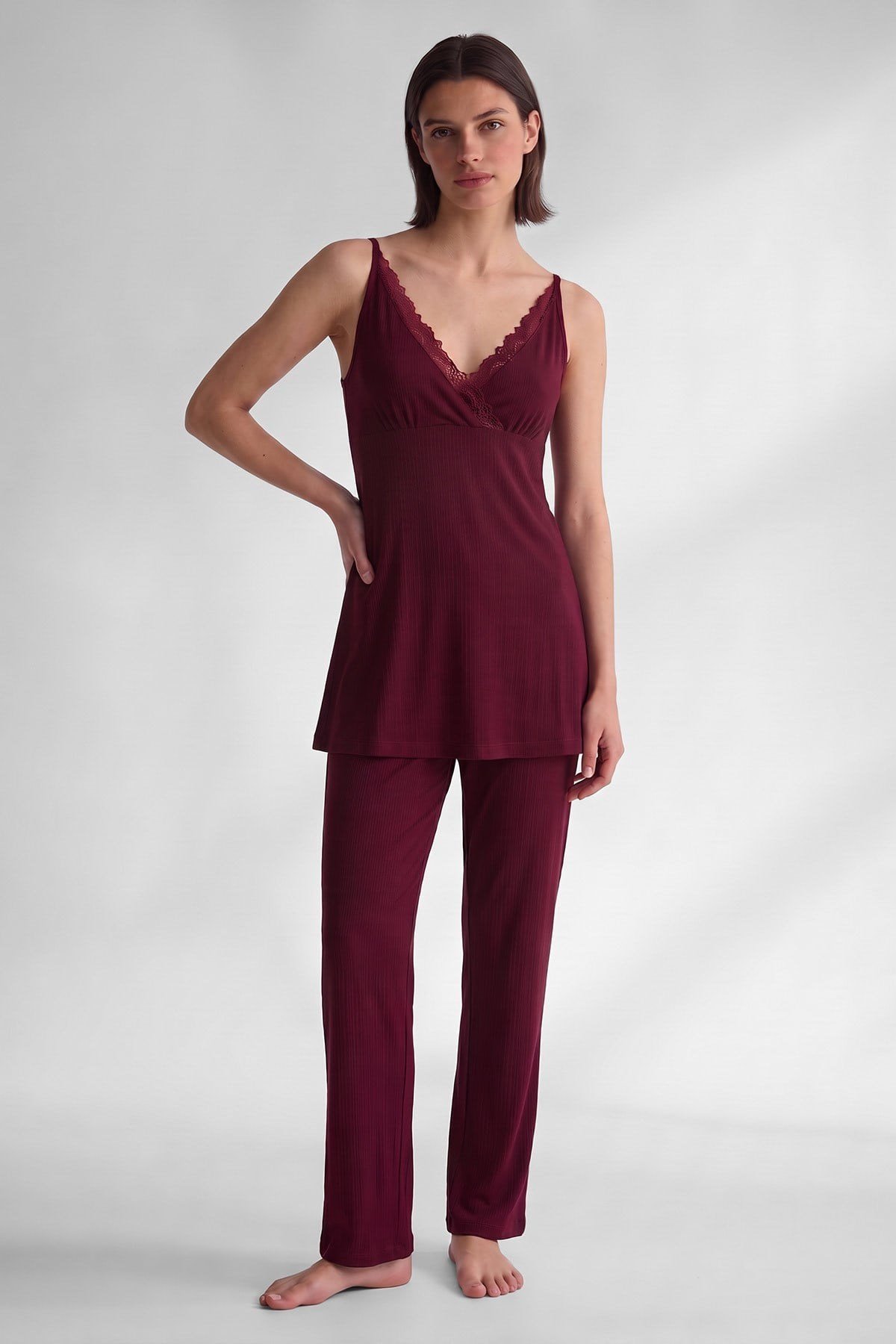 Mısırlı Kadın Viskon Üçlü Set Pijama Takım Bordo