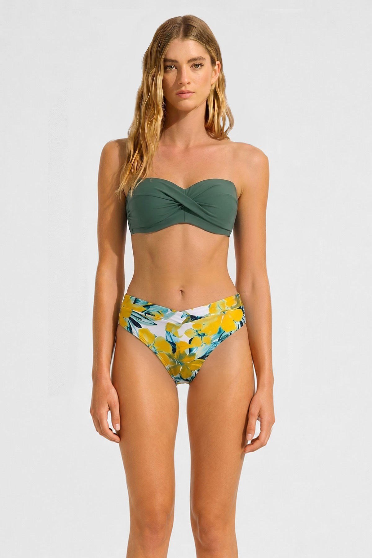 Mısırlı Kaplı Straplez Bikini Takım Sarı Çiçek Desen