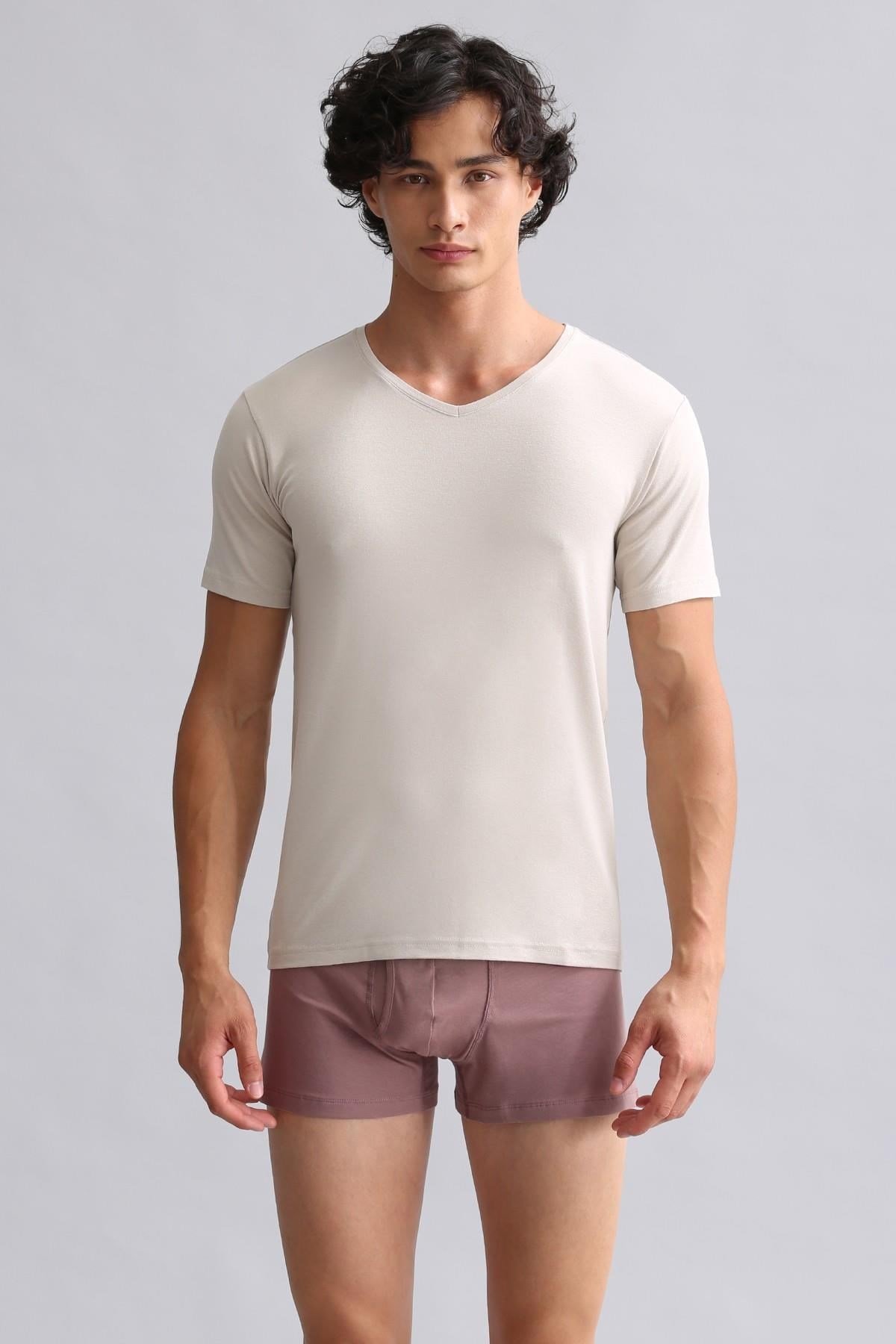 Mısırlı Modal By TENCEL HERCULES Slim Fit V Yaka Fanila / T-Shirt Toprak Bej