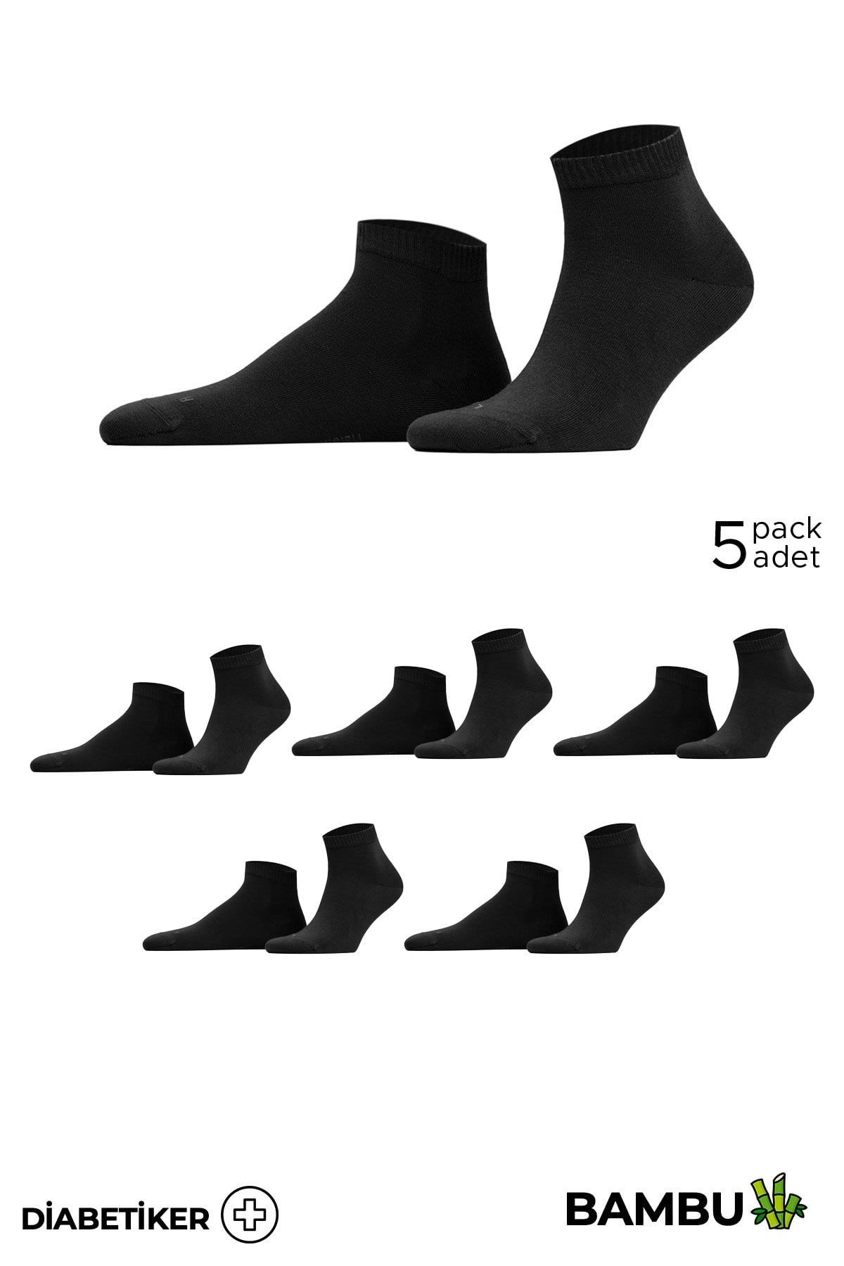Mısırlı Unisex Bambu 5 Çift Diabetiker Lastiksiz Sneaker Çorap Siyah