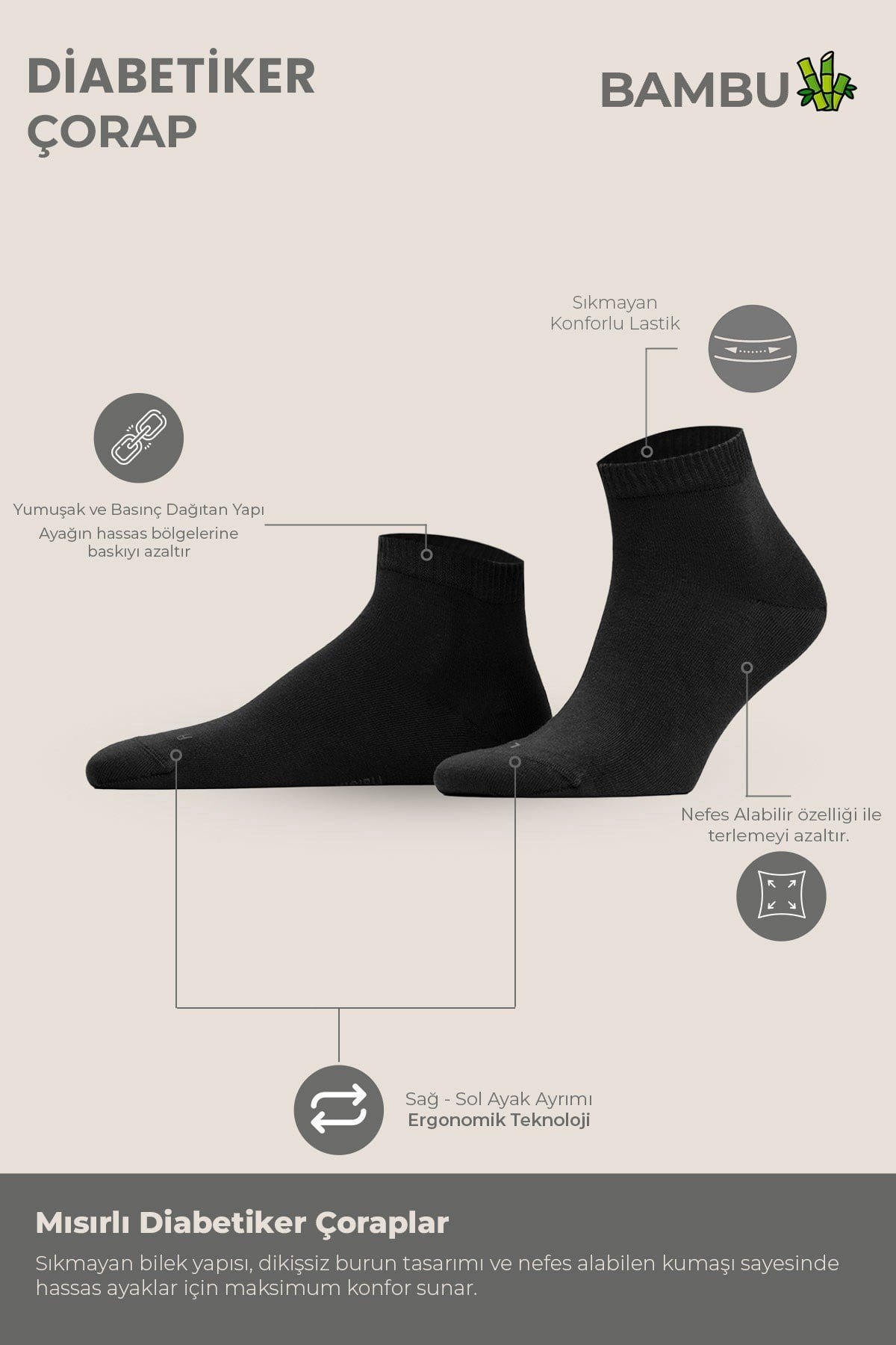 Mısırlı Unisex Bambu 5 Çift Diabetiker Lastiksiz Sneaker Çorap Siyah