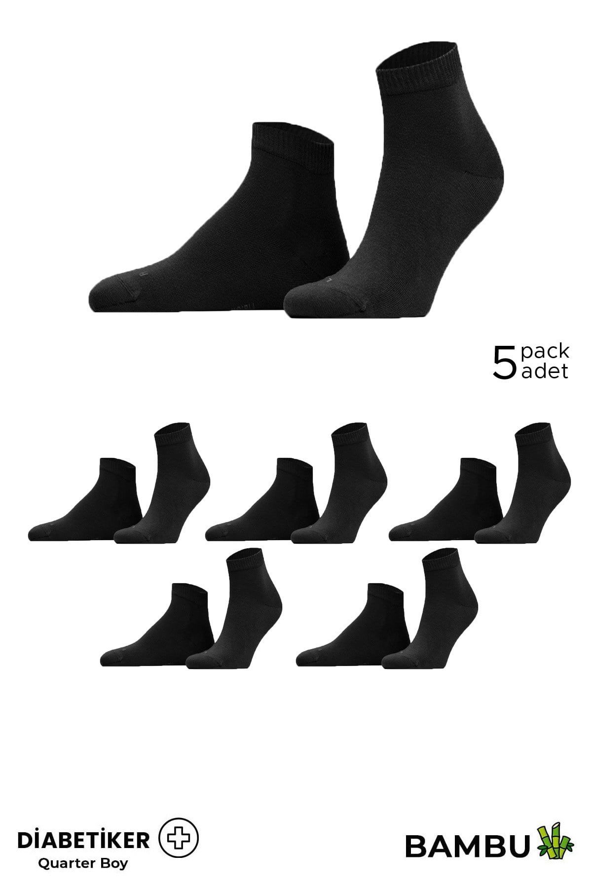 Mısırlı Unisex Bambu 5 Çift Diabetiker Lastiksiz Kısa Konç Çorap Siyah
