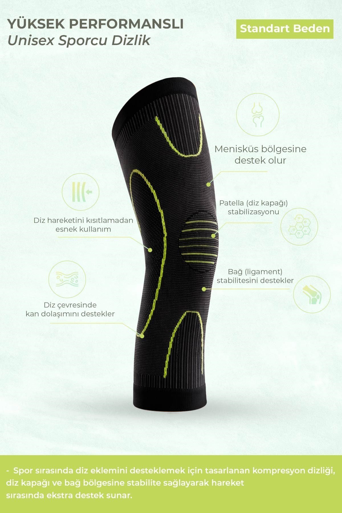 Mısırlı Unisex Medikal Dizlik Çorap Neon Yeşil/Siyah