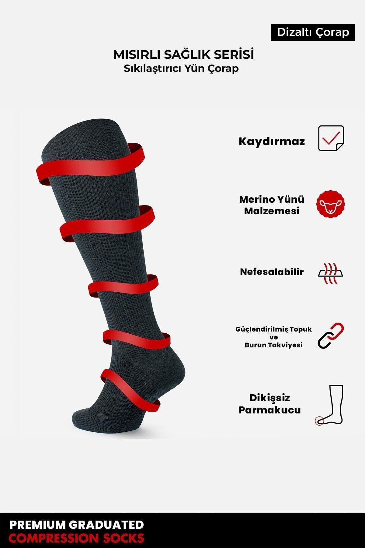 Mısırlı Unisex Merino Yününden Özel Sıkılaştırıcı Teknolojiyle Uçuş Ve Pilot Diz Altı Çorap Siyah