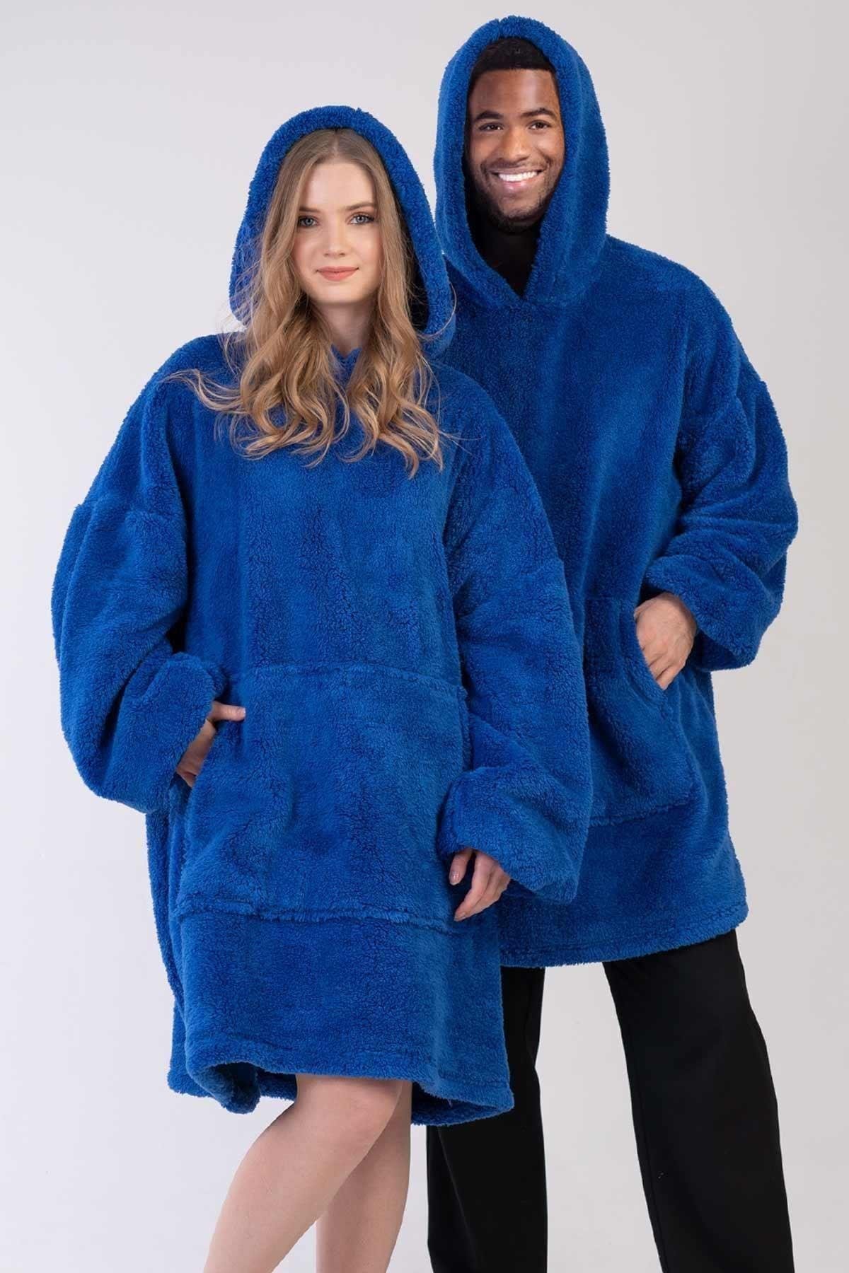 Mısırlı Unisex Welsoft Kapüşonlu Uzun Kollu Panço Battaniye İndigo