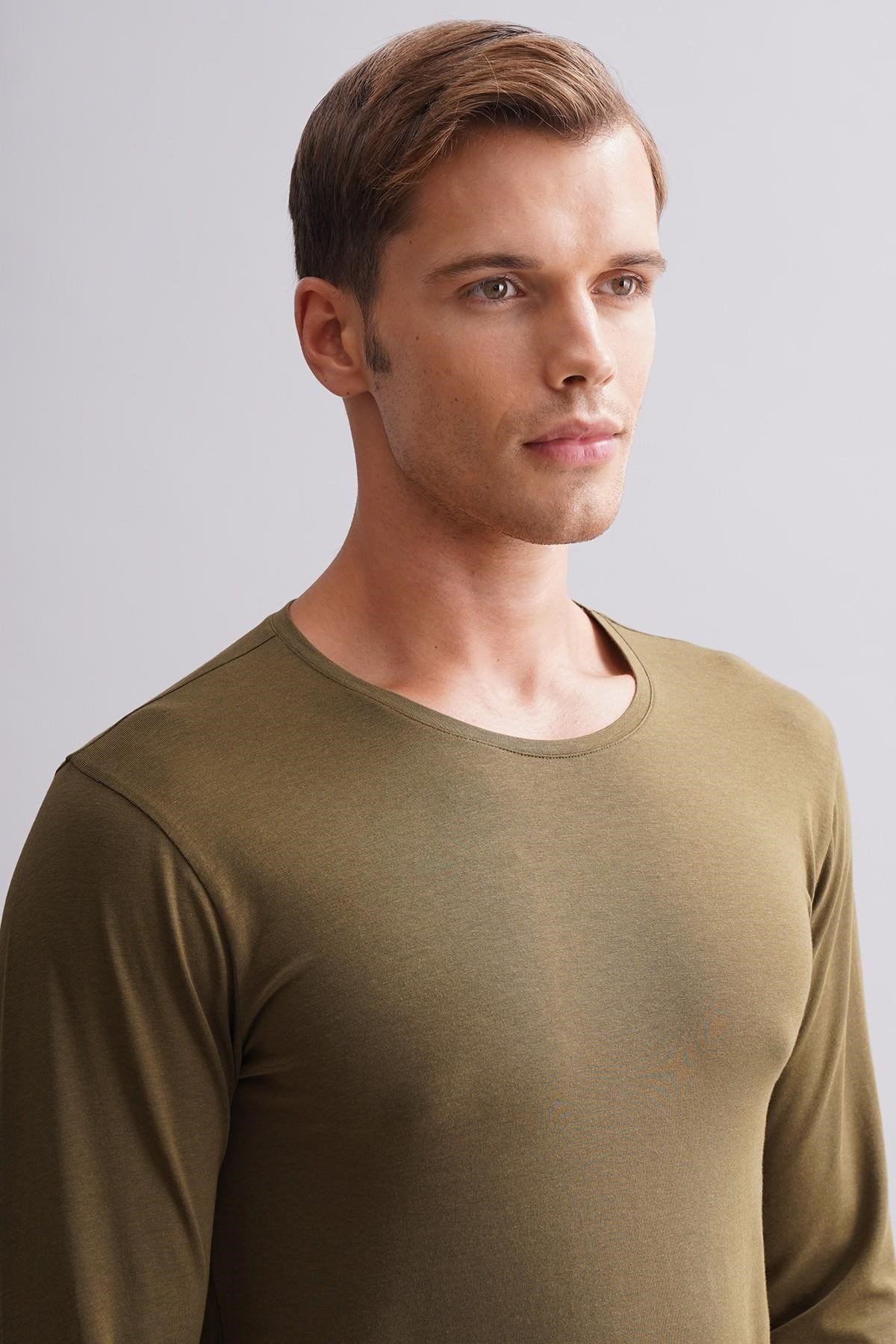ORGANIC Pamuklu HERCULES Slim Fit Bisiklet Yaka Uzun Kollu Erkek Fanila Koyu Haki