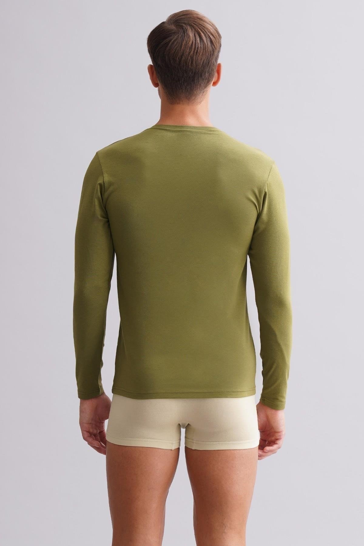 ORGANIC Pamuklu HERCULES Slim Fit Bisiklet Yaka Uzun Kollu Erkek Fanila Haki