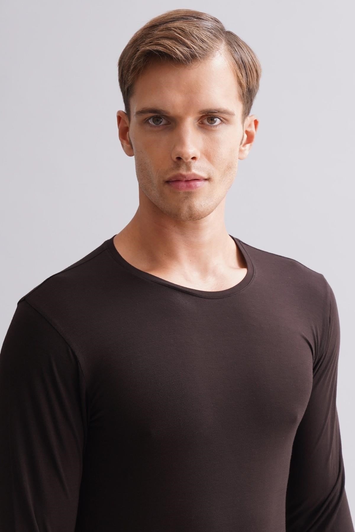 ORGANIC Pamuklu HERCULES Slim Fit Bisiklet Yaka Uzun Kollu Erkek Fanila Kahverengi