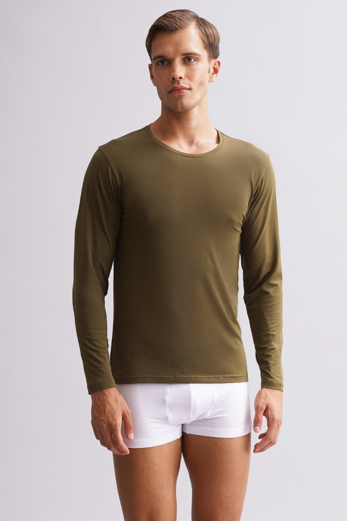 ORGANIC Pamuklu HERCULES Slim Fit Bisiklet Yaka Uzun Kollu Erkek Fanila Koyu Haki