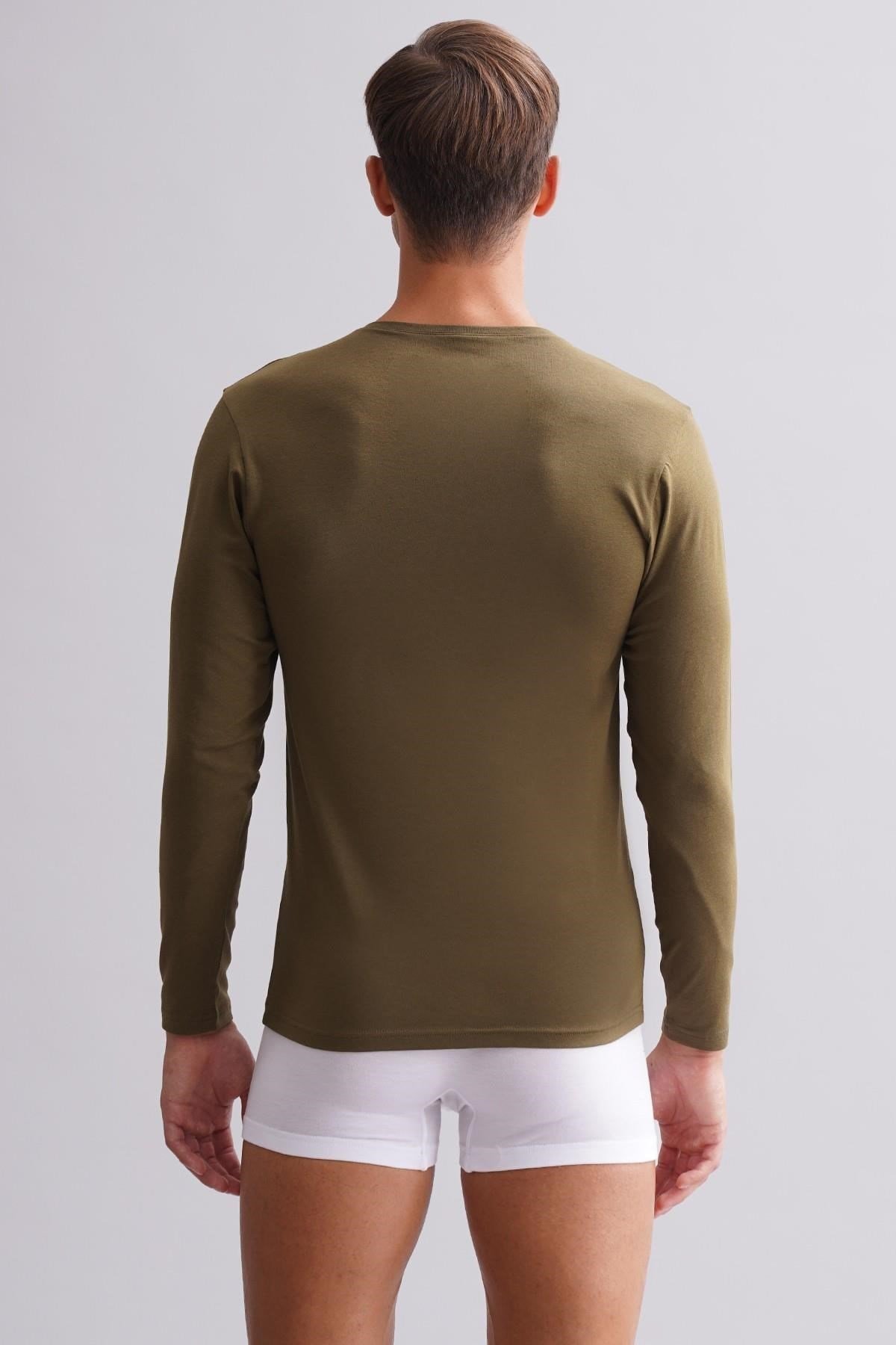 ORGANIC Pamuklu HERCULES Slim Fit Bisiklet Yaka Uzun Kollu Erkek Fanila Koyu Haki