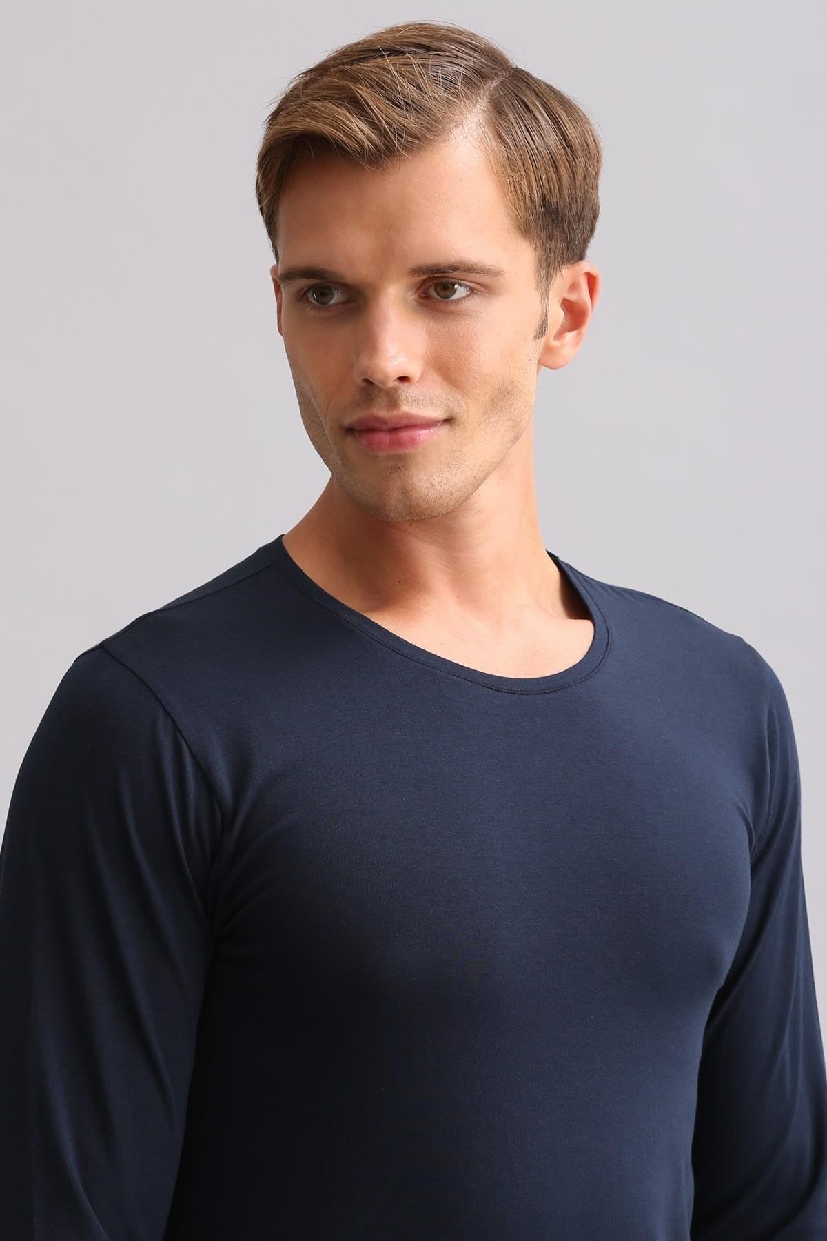 ORGANIC Pamuklu HERCULES Slim Fit Bisiklet Yaka Uzun Kollu Erkek Fanila Lacivert