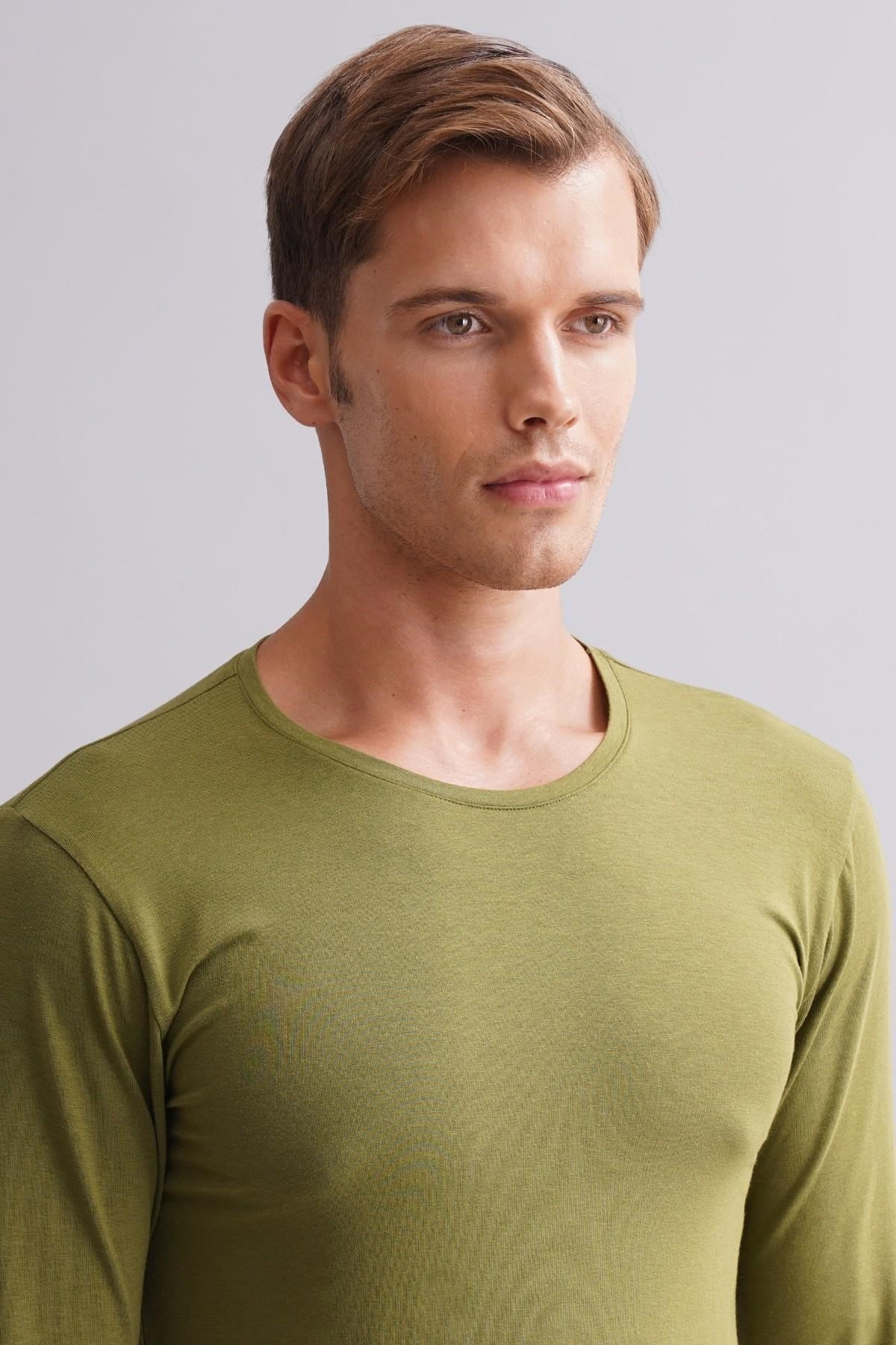 ORGANIC Pamuklu HERCULES Slim Fit Bisiklet Yaka Uzun Kollu Erkek Fanila Haki