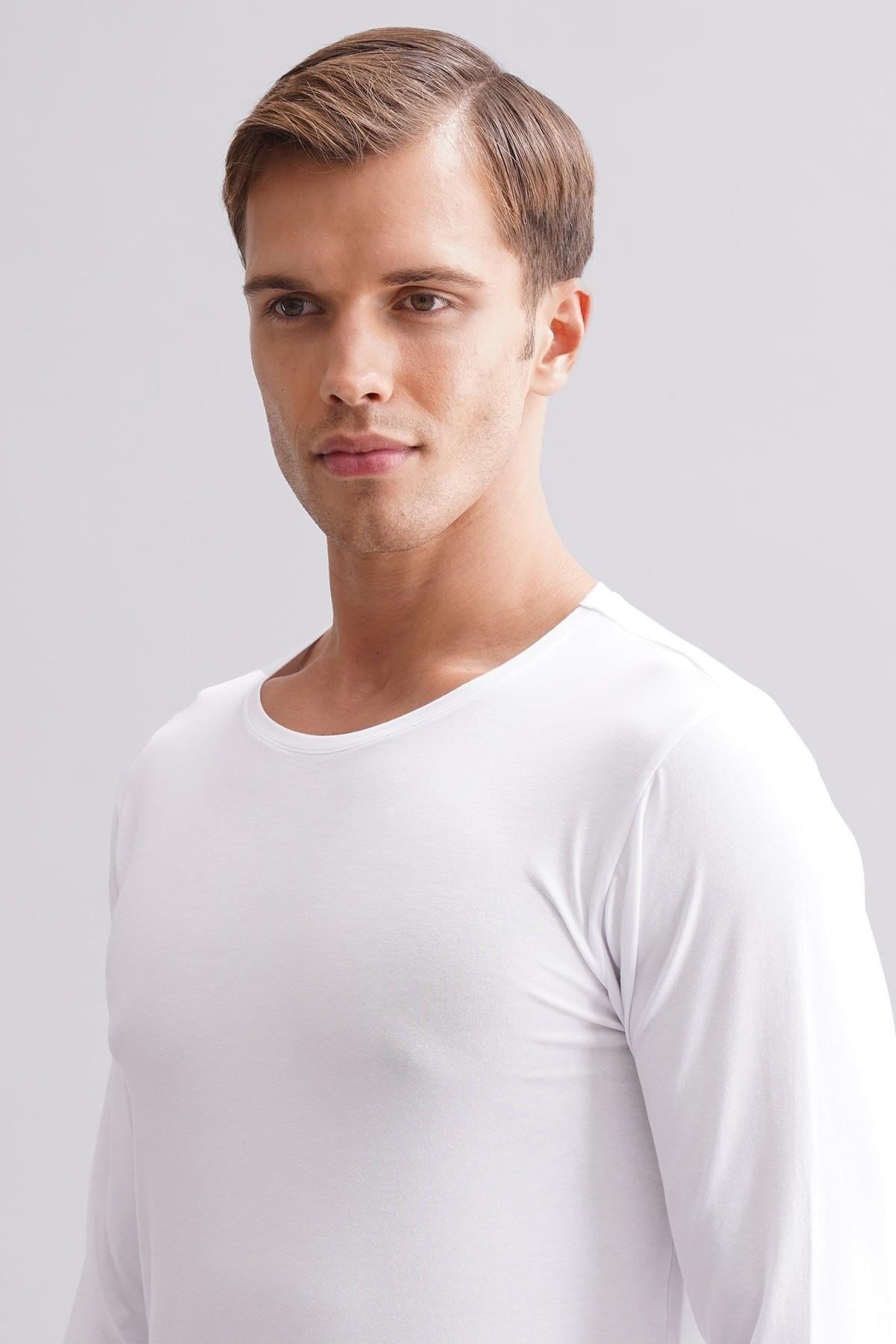 ORGANIC Pamuklu HERCULES Slim Fit Bisiklet Yaka Uzun Kollu Erkek Fanila Beyaz