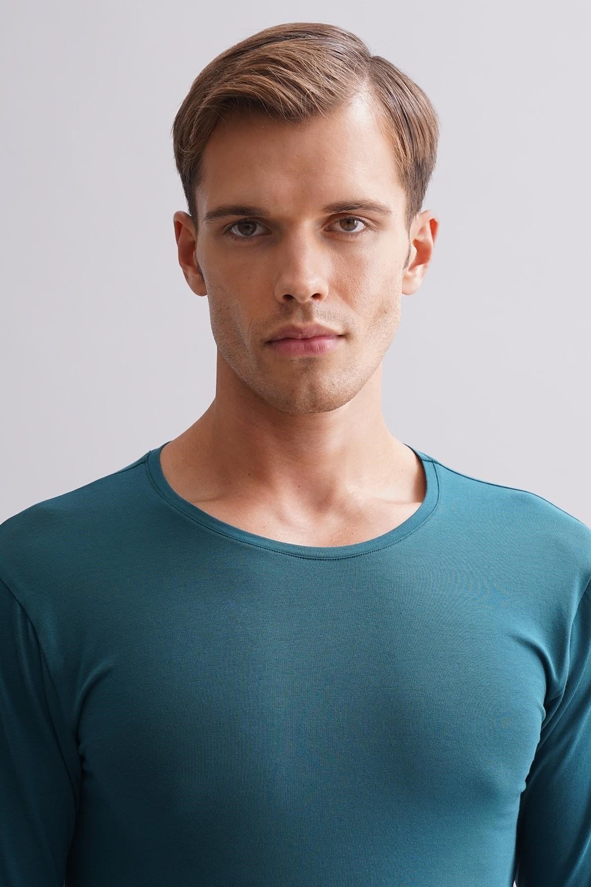 ORGANIC Pamuklu HERCULES Slim Fit Bisiklet Yaka Uzun Kollu Erkek Fanila Fit Green