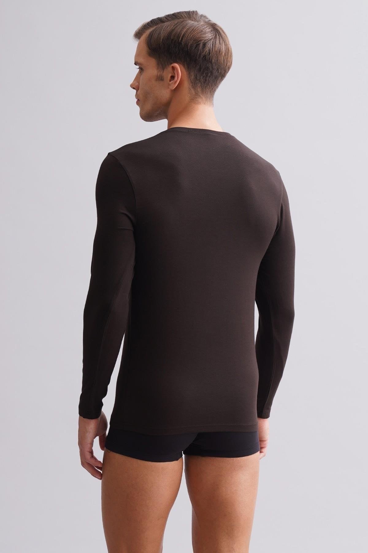 ORGANIC Pamuklu HERCULES Slim Fit Bisiklet Yaka Uzun Kollu Erkek Fanila Kahverengi