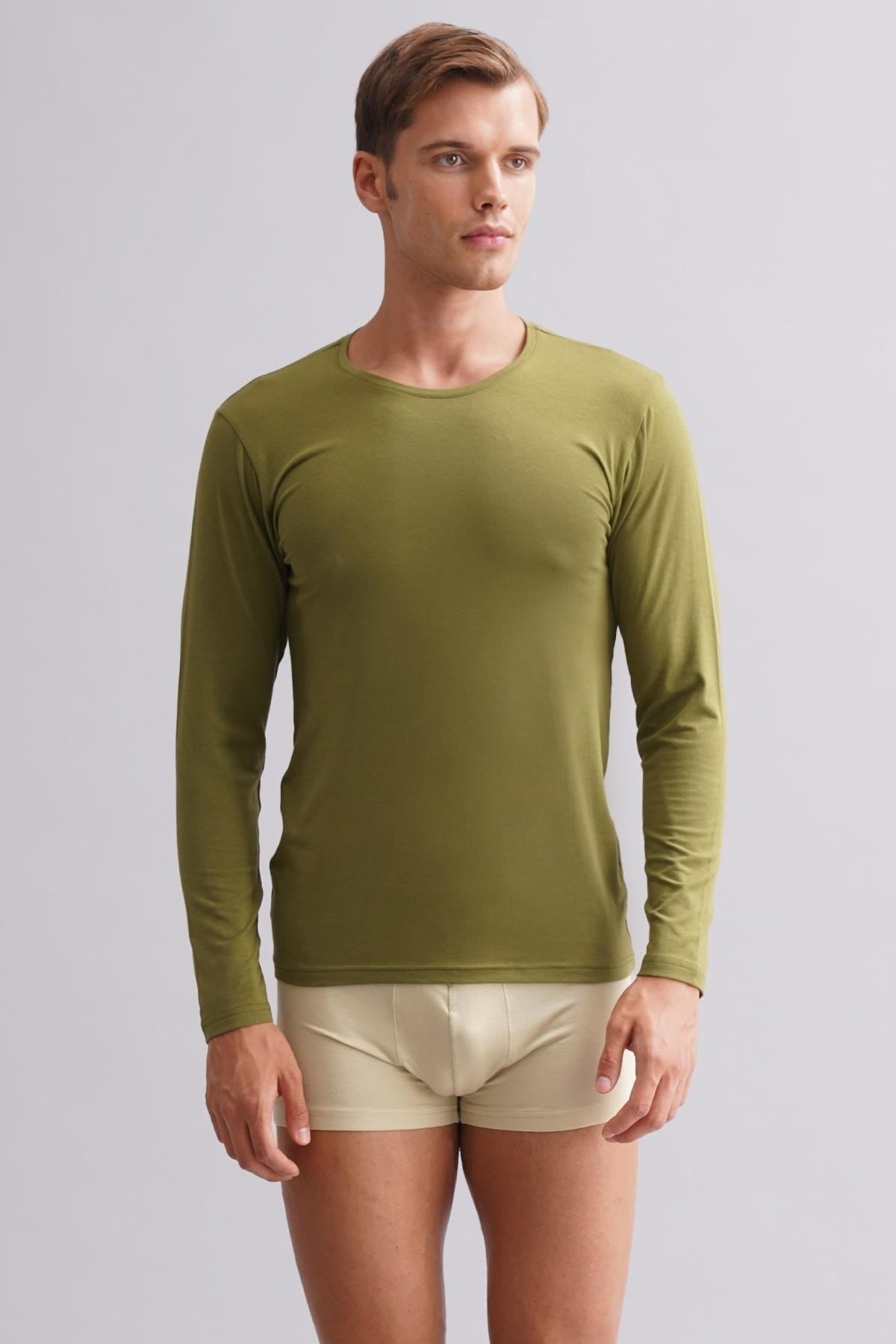 ORGANIC Pamuklu HERCULES Slim Fit Bisiklet Yaka Uzun Kollu Erkek Fanila Haki