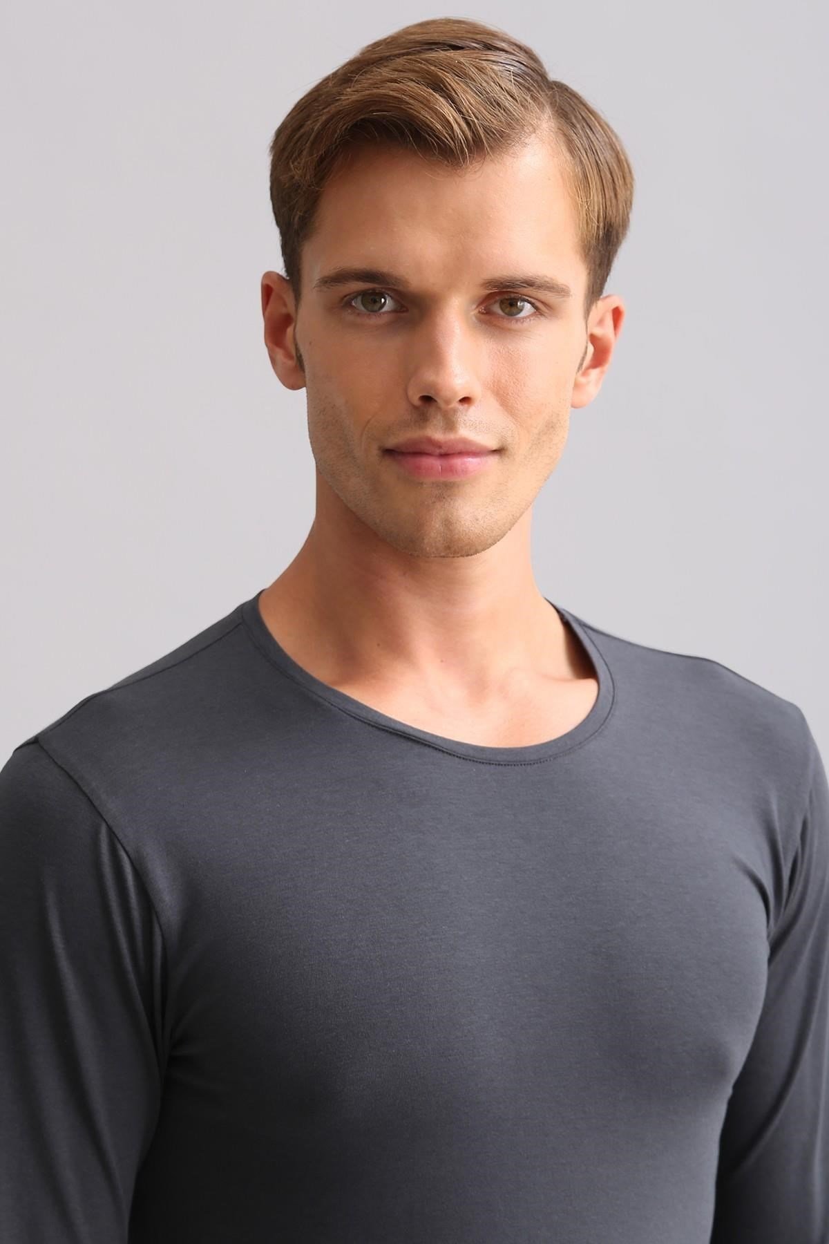 ORGANIC Pamuklu HERCULES Slim Fit Bisiklet Yaka Uzun Kollu Erkek Fanila Atrasit