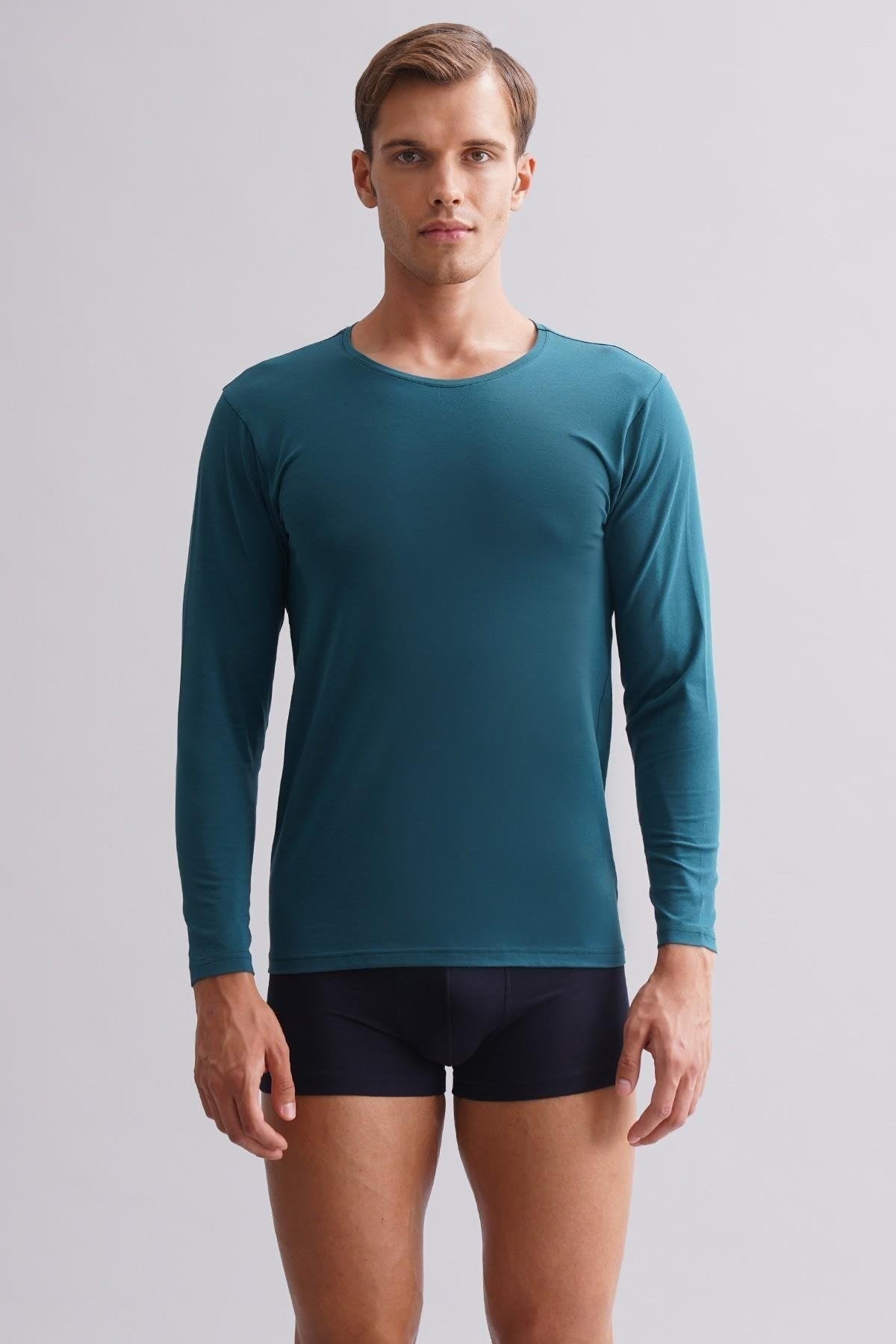 ORGANIC Pamuklu HERCULES Slim Fit Bisiklet Yaka Uzun Kollu Erkek Fanila Fit Green