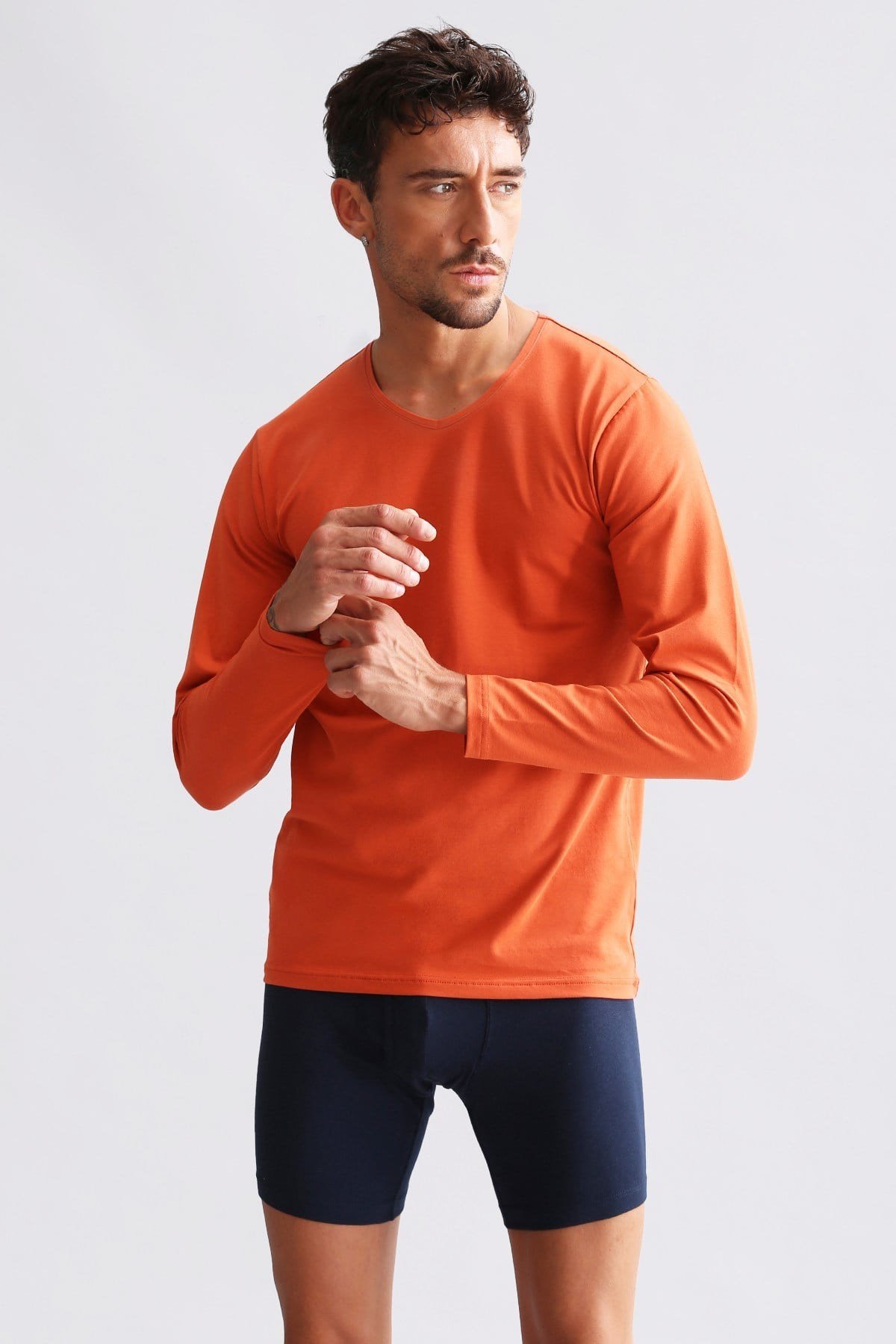 ORGANIC Pamuklu HERCULES Slim Fit V Yaka Uzun Kollu Erkek Fanila Pas Kırmızısı