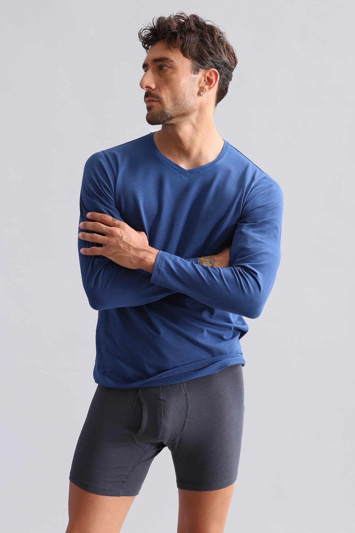 ORGANIC Pamuklu HERCULES Slim Fit V Yaka Uzun Kollu Erkek Fanila Gece Mavisi