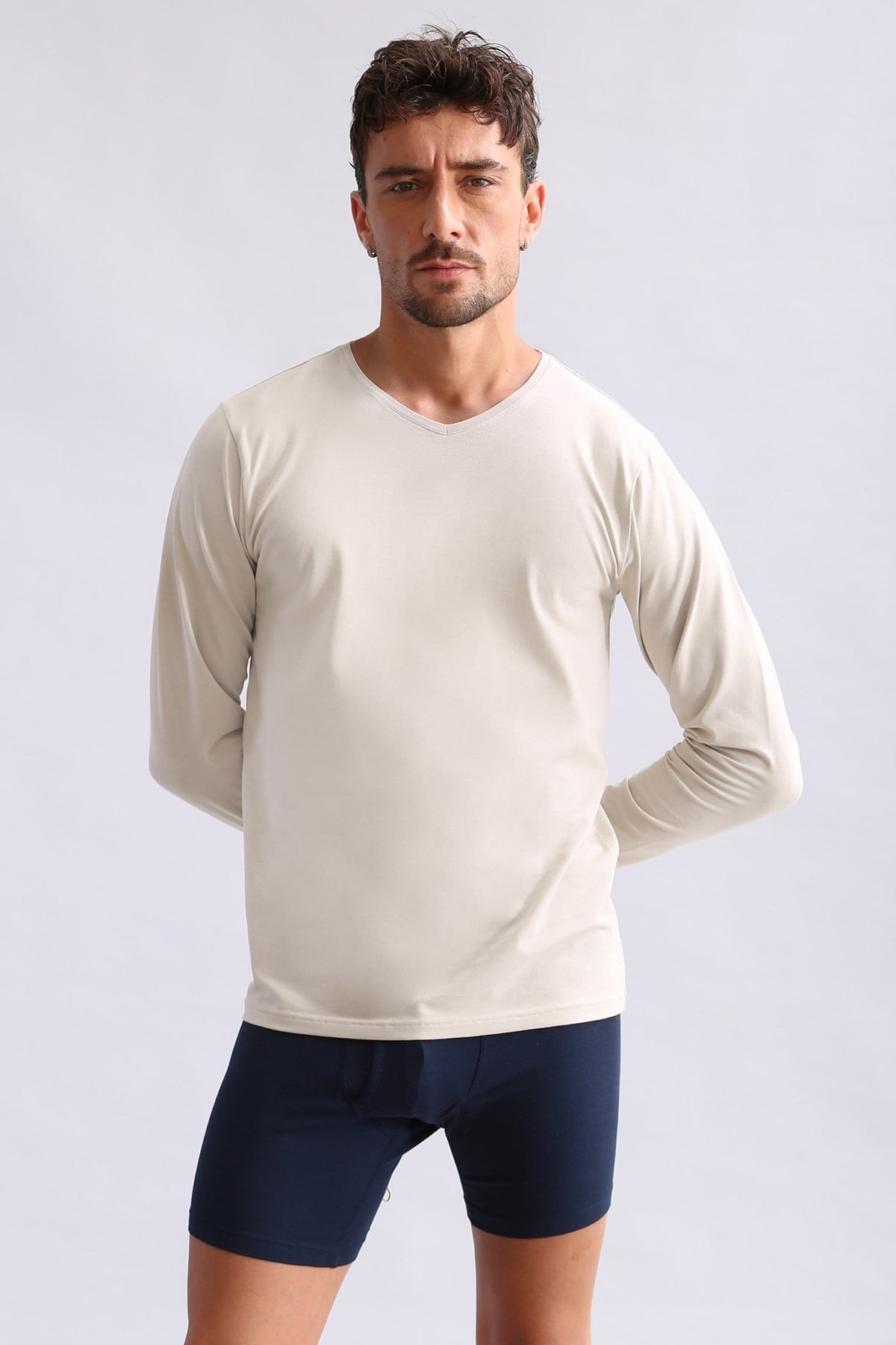 ORGANIC Pamuklu HERCULES Slim Fit V Yaka Uzun Kollu Erkek Fanila Toprak Bej