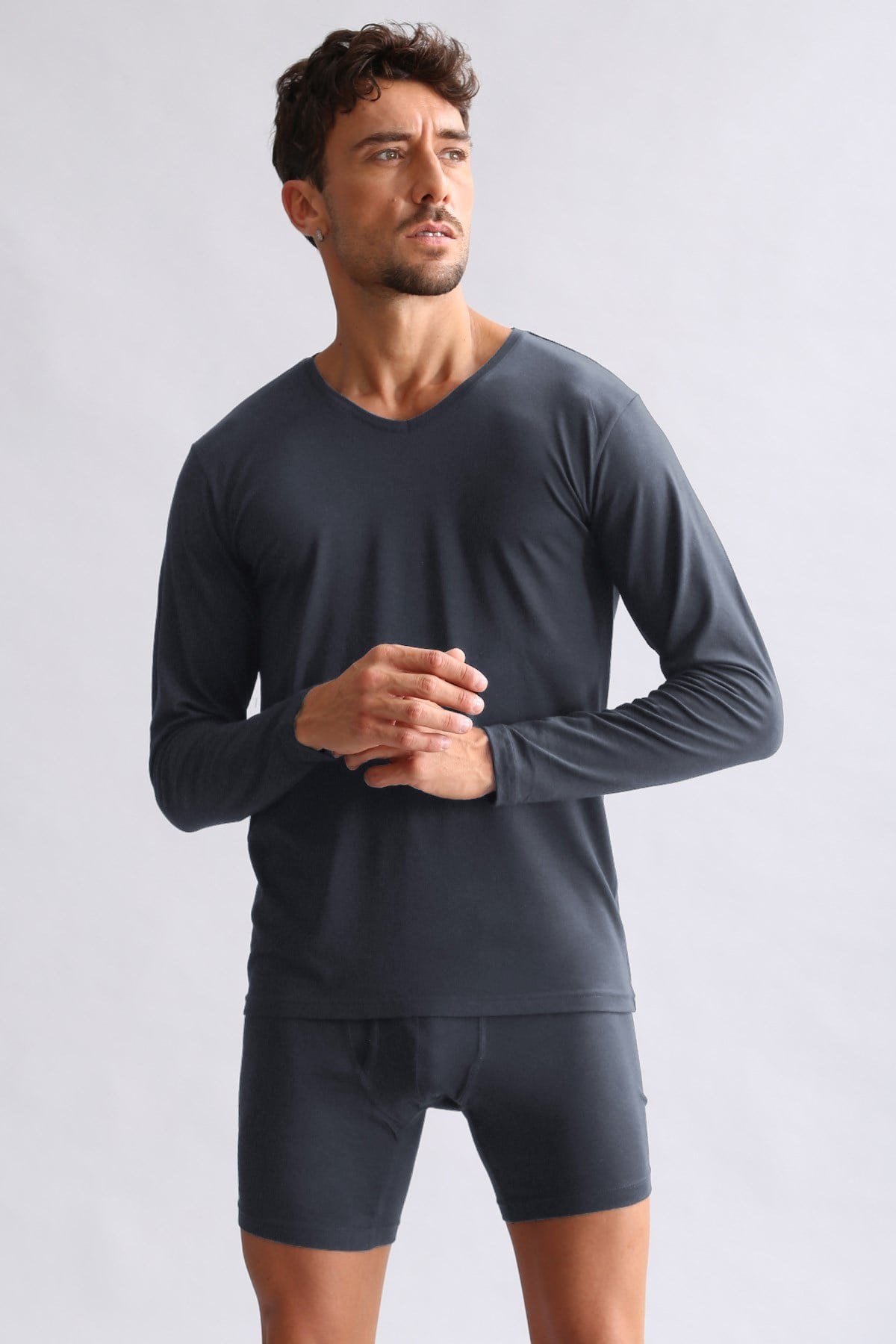 ORGANIC Pamuklu HERCULES Slim Fit V Yaka Uzun Kollu Erkek Fanila Antrasit