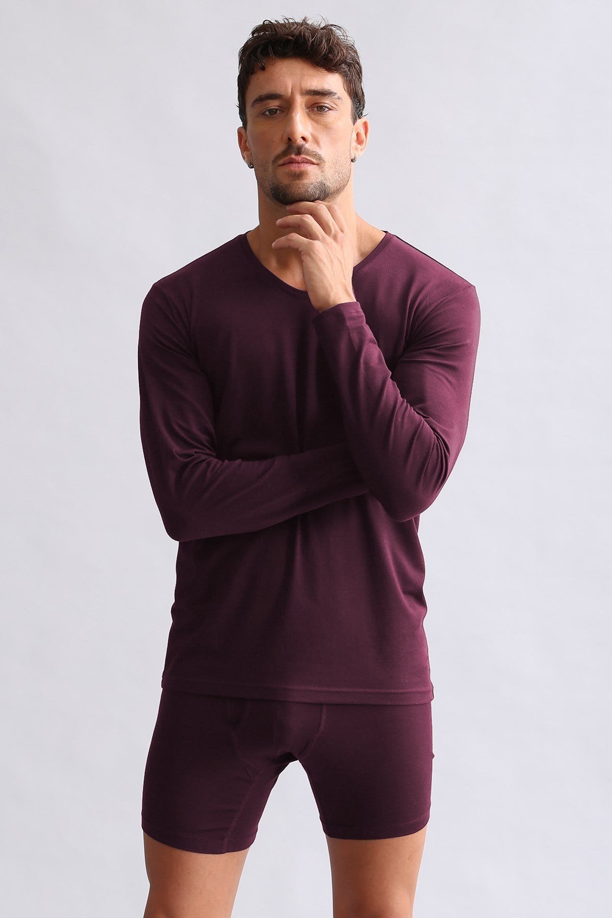 ORGANIC Pamuklu HERCULES Slim Fit V Yaka Uzun Kollu Erkek Fanila Mor