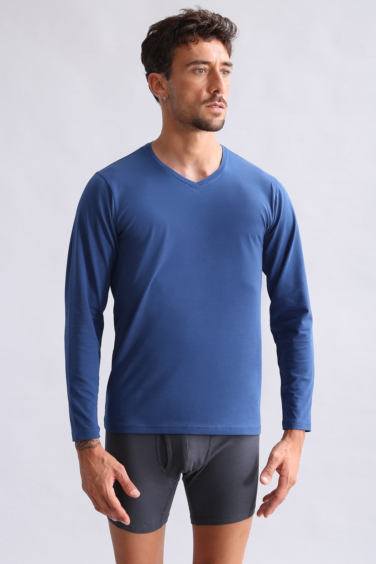 ORGANIC Pamuklu HERCULES Slim Fit V Yaka Uzun Kollu Erkek Fanila Gece Mavisi