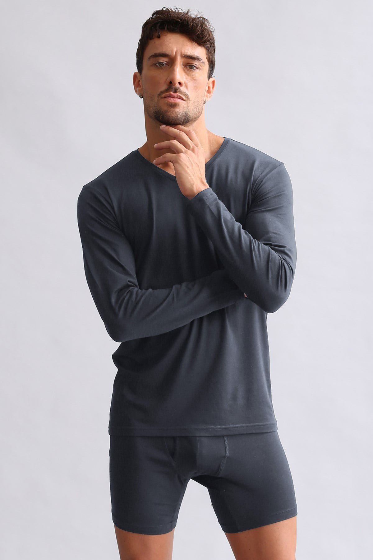 ORGANIC Pamuklu HERCULES Slim Fit V Yaka Uzun Kollu Erkek Fanila Antrasit