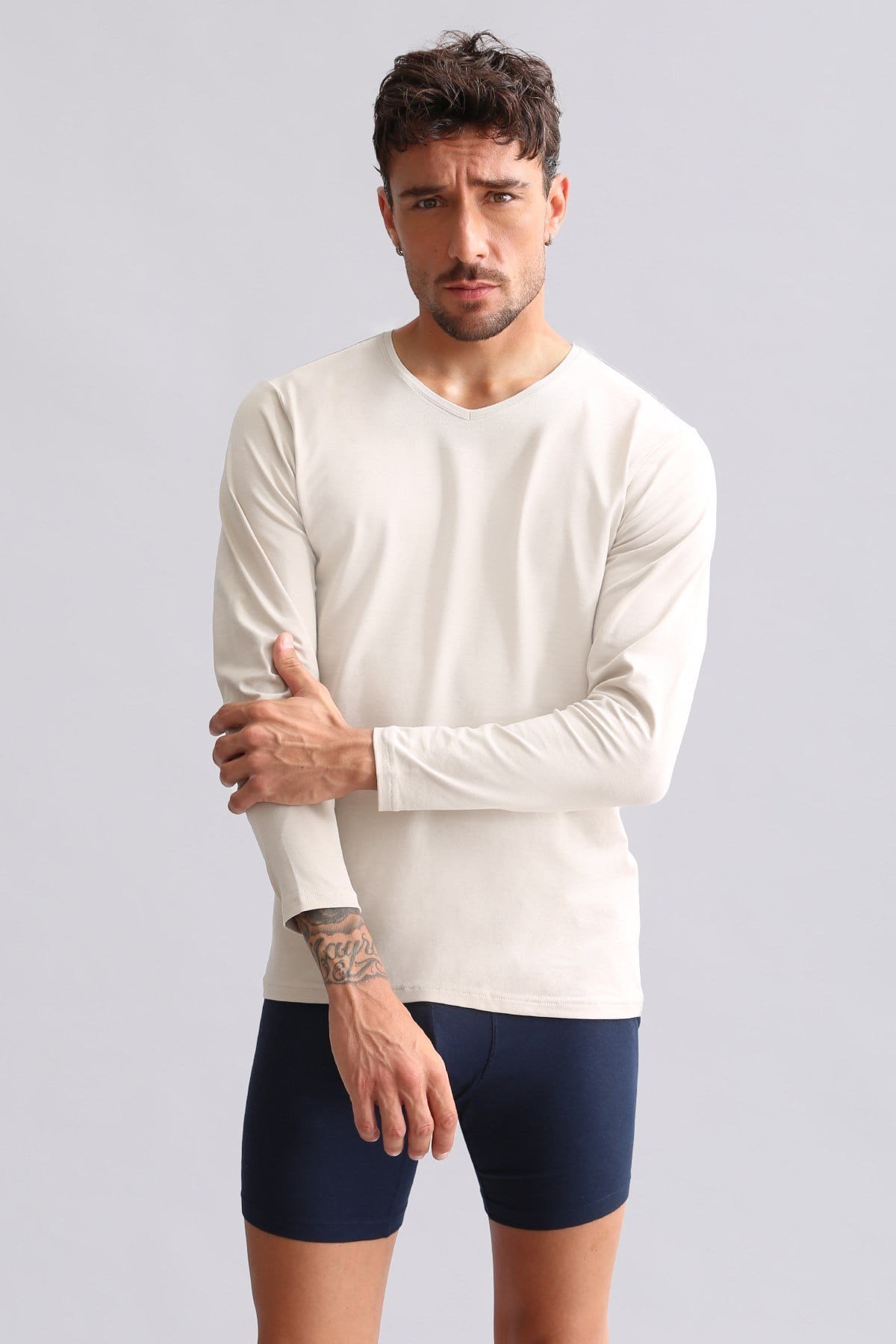 ORGANIC Pamuklu HERCULES Slim Fit V Yaka Uzun Kollu Erkek Fanila Toprak Bej