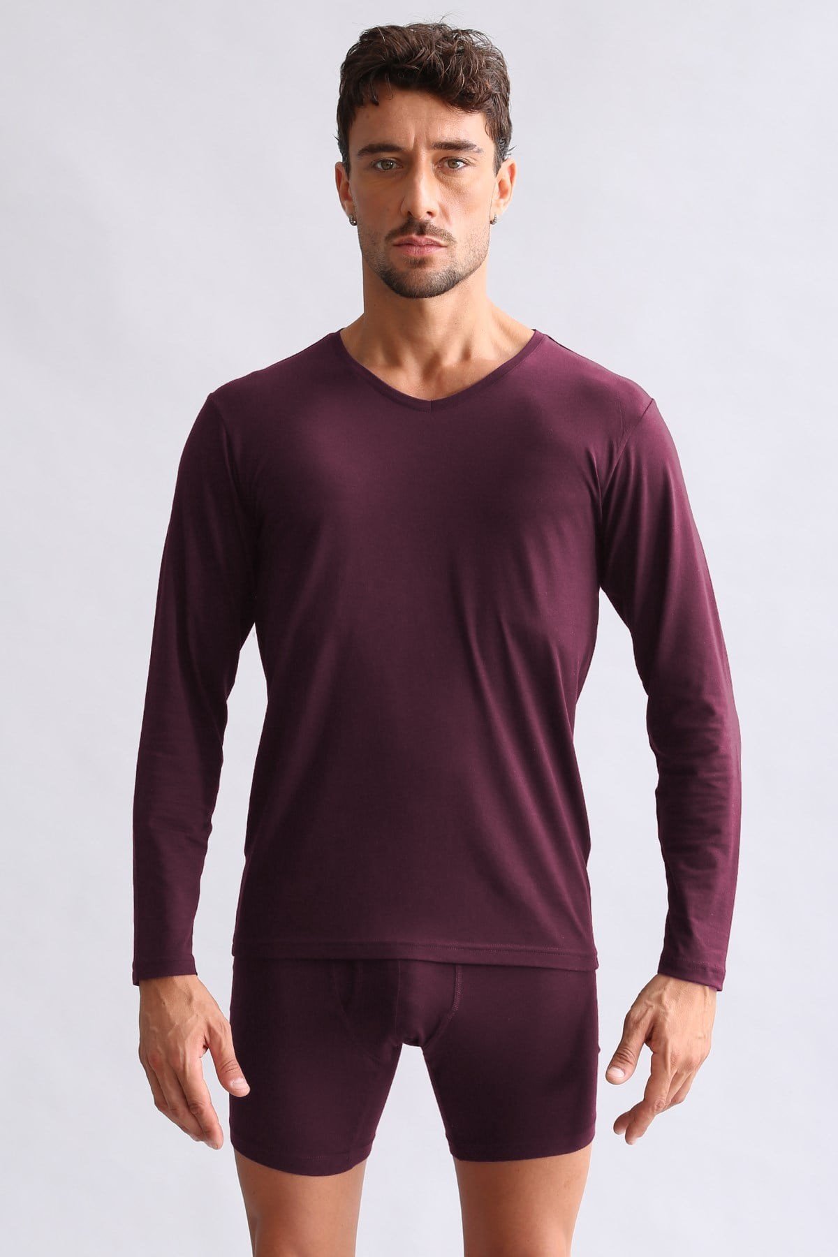 ORGANIC Pamuklu HERCULES Slim Fit V Yaka Uzun Kollu Erkek Fanila Mor