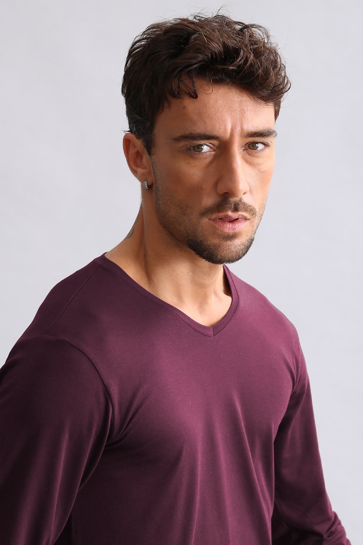 ORGANIC Pamuklu HERCULES Slim Fit V Yaka Uzun Kollu Erkek Fanila Mor