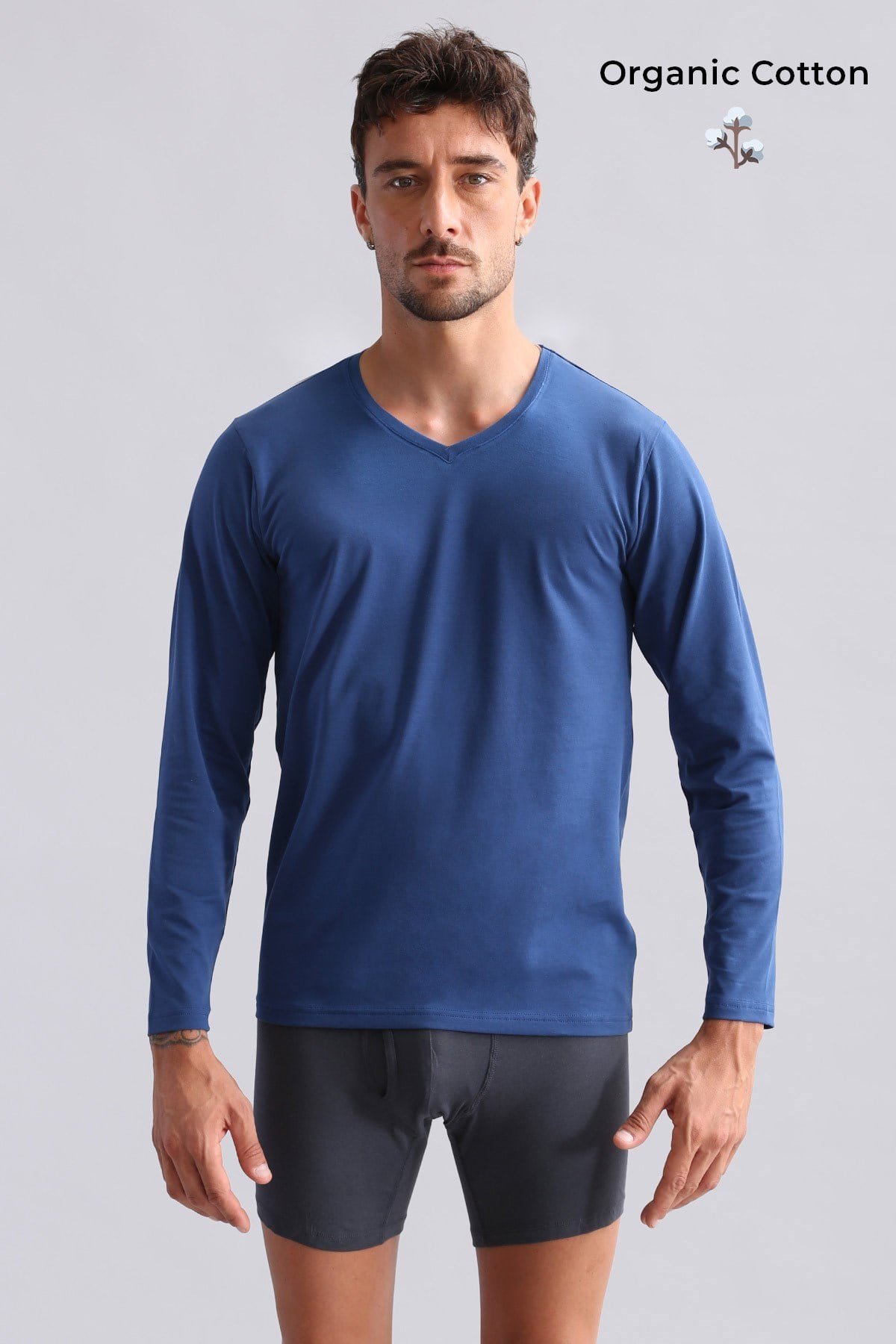 ORGANIC Pamuklu HERCULES Slim Fit V Yaka Uzun Kollu Erkek Fanila Gece Mavisi