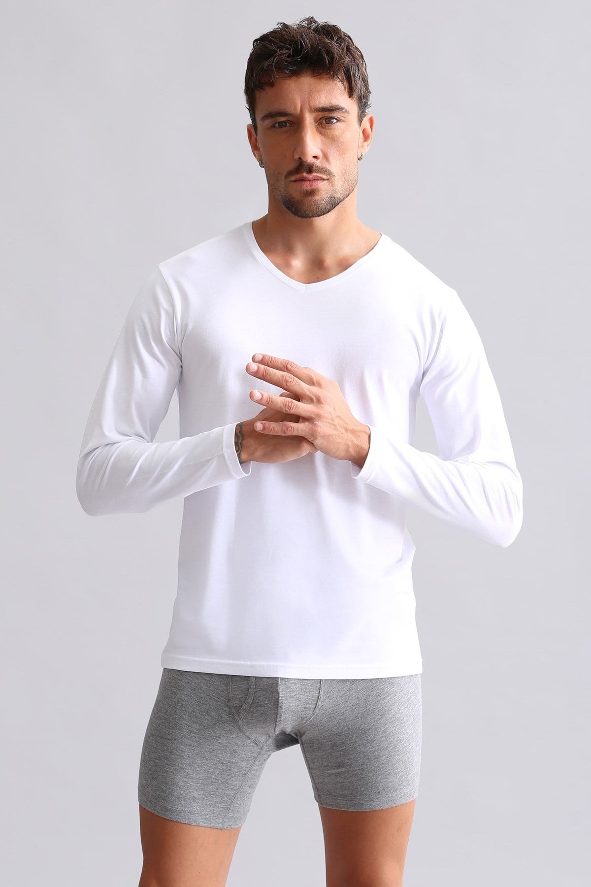 ORGANIC Pamuklu HERCULES Slim Fit V Yaka Uzun Kollu Erkek Fanila Beyaz