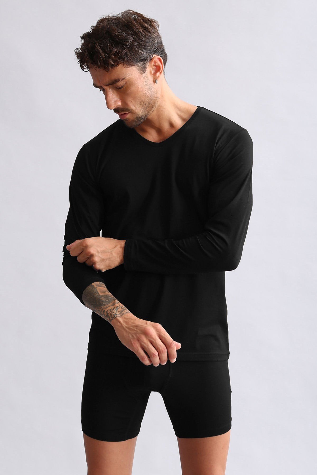 ORGANIC Pamuklu HERCULES Slim Fit V Yaka Uzun Kollu Erkek Fanila Siyah