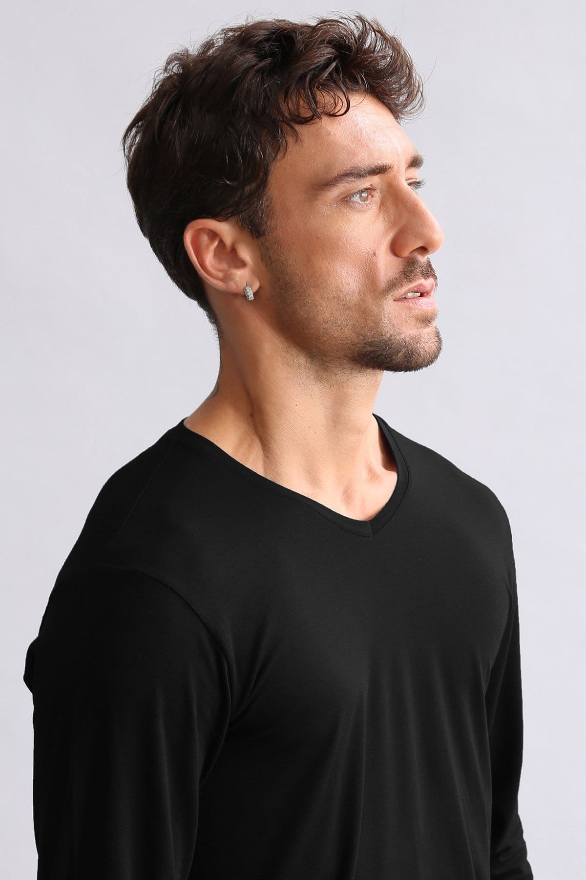 ORGANIC Pamuklu HERCULES Slim Fit V Yaka Uzun Kollu Erkek Fanila Siyah