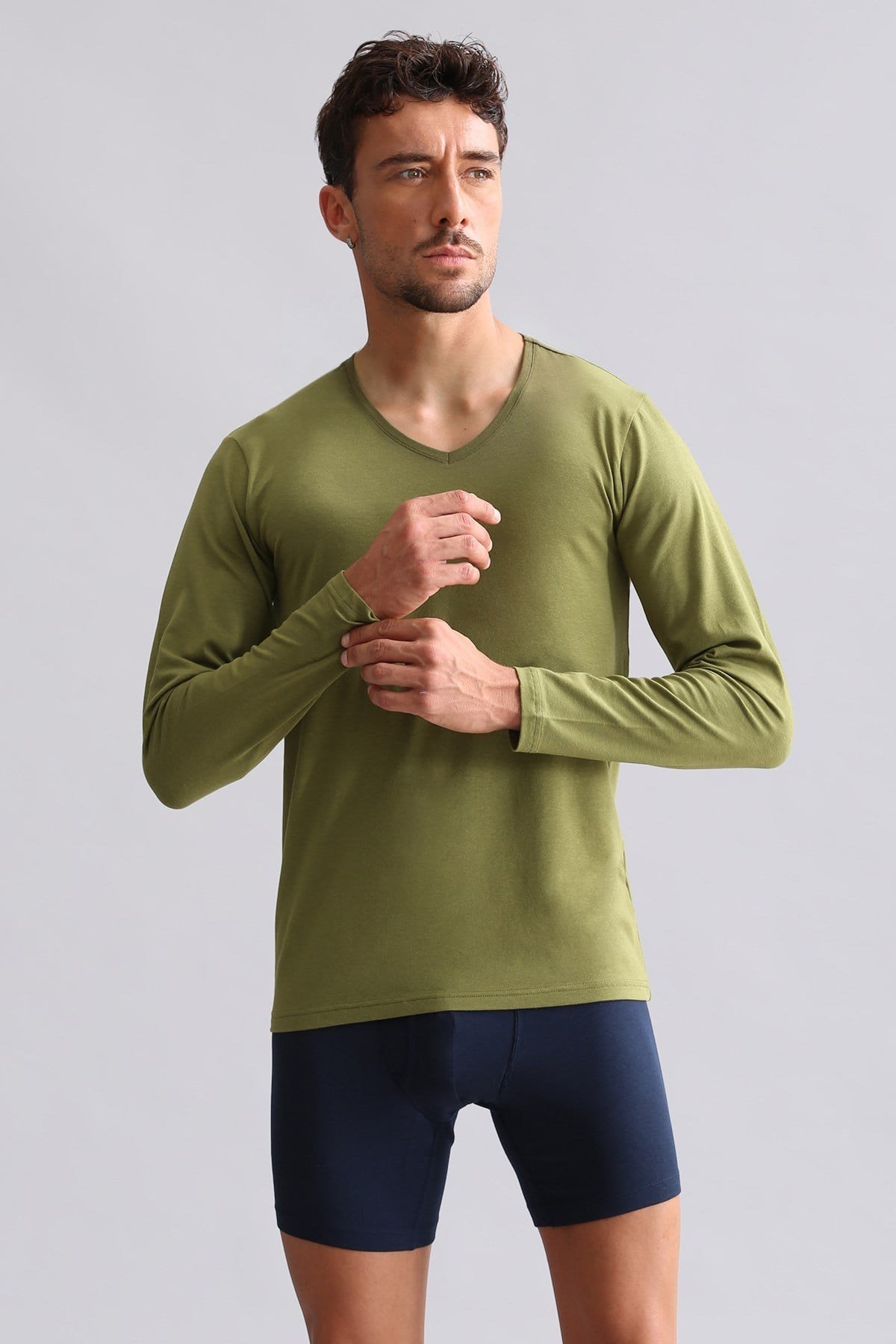 ORGANIC Pamuklu HERCULES Slim Fit V Yaka Uzun Kollu Erkek Fanila Haki