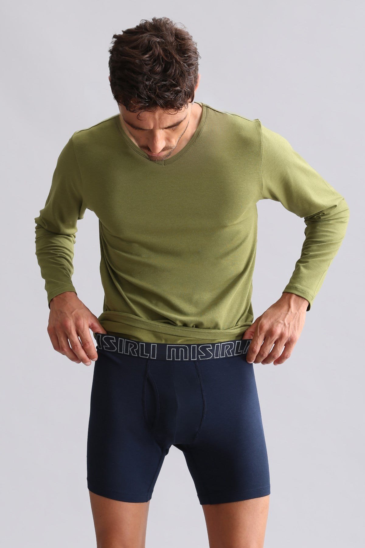 ORGANIC Pamuklu HERCULES Slim Fit V Yaka Uzun Kollu Erkek Fanila Haki