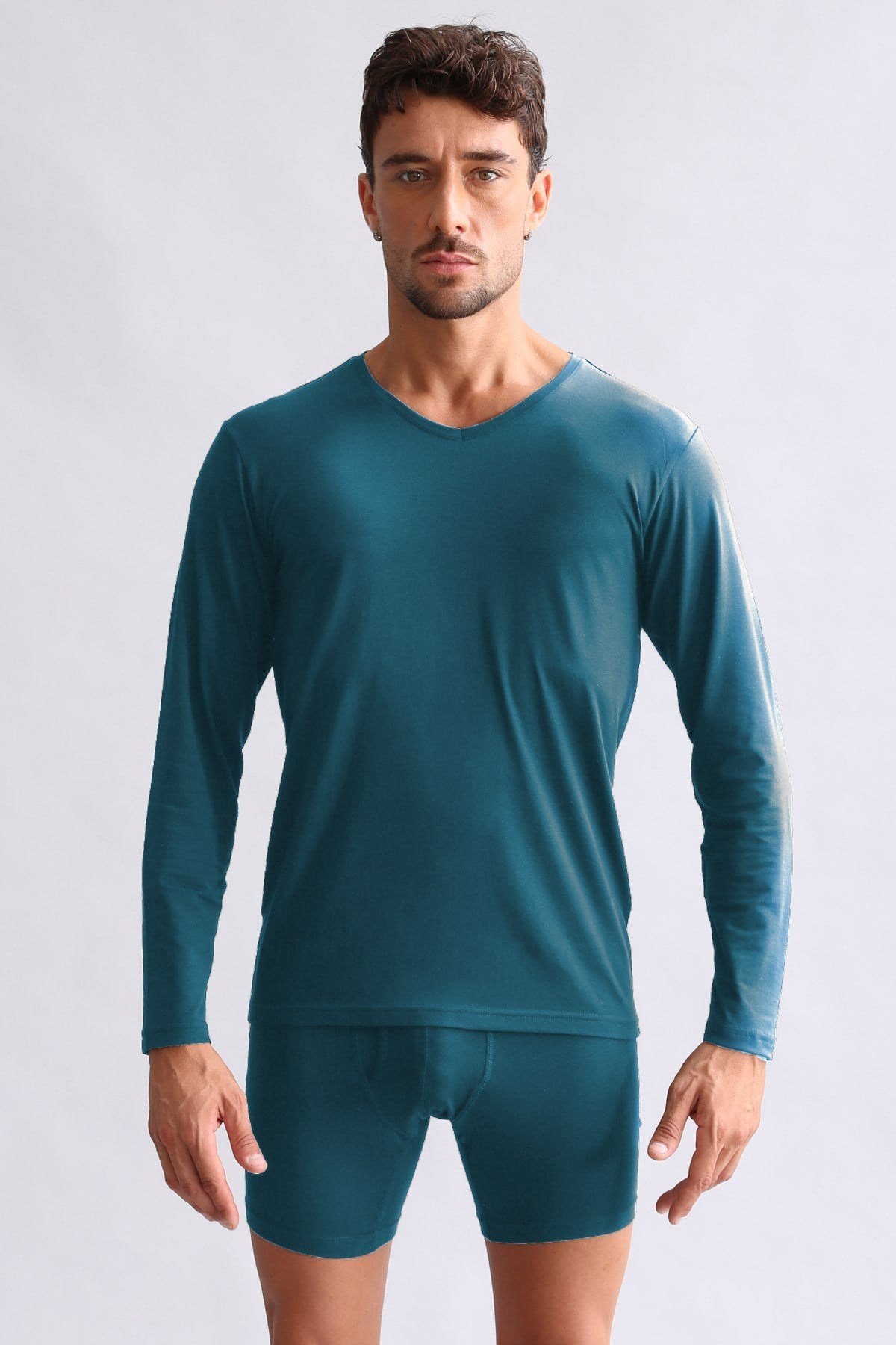 ORGANIC Pamuklu HERCULES Slim Fit V Yaka Uzun Kollu Erkek Fanila Fit Green