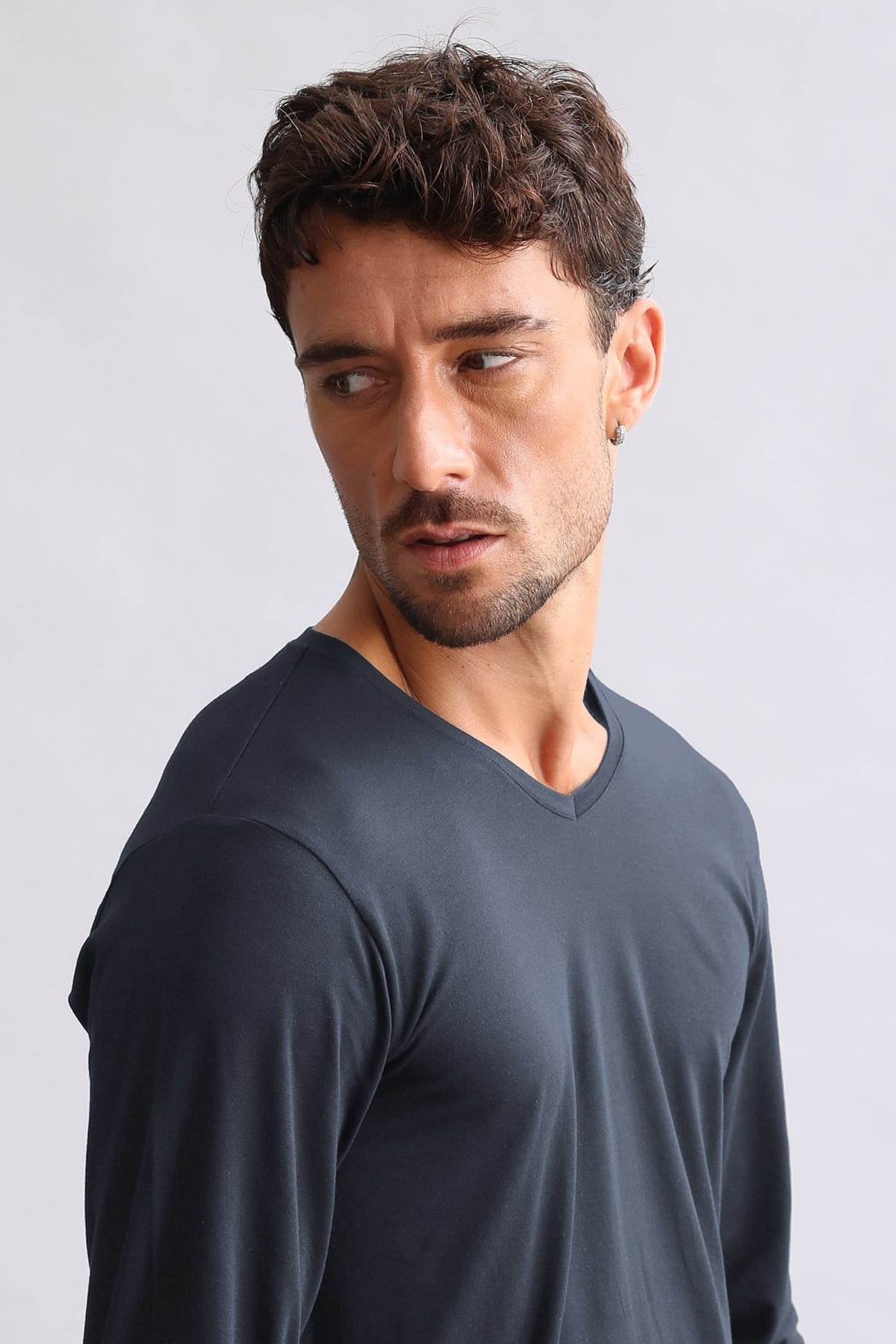 ORGANIC Pamuklu HERCULES Slim Fit V Yaka Uzun Kollu Erkek Fanila Antrasit