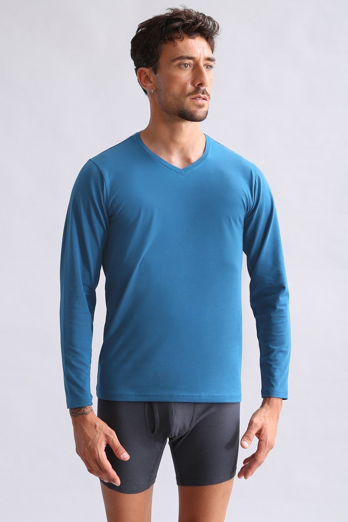 ORGANIC Pamuklu HERCULES Slim Fit V Yaka Uzun Kollu Erkek Fanila Petrol Mavi