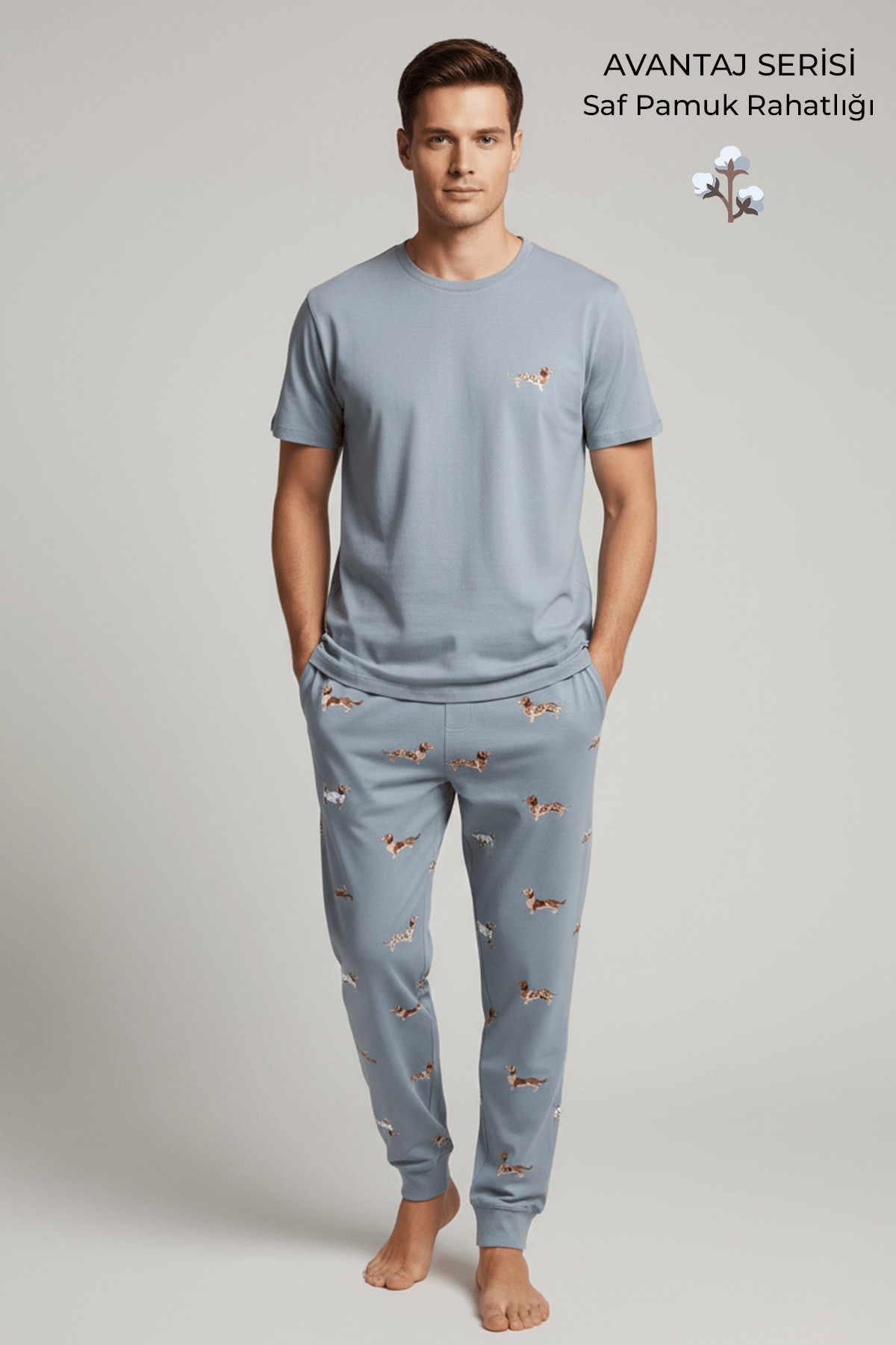 Pamuklu Kısa Kollu Pijama Takım Mavi