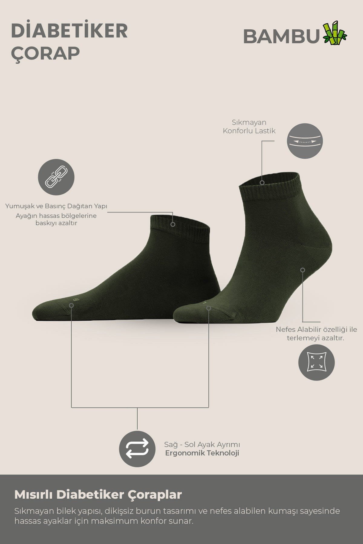 Unisex Bambu Diyabetik Sneaker Çorap Haki