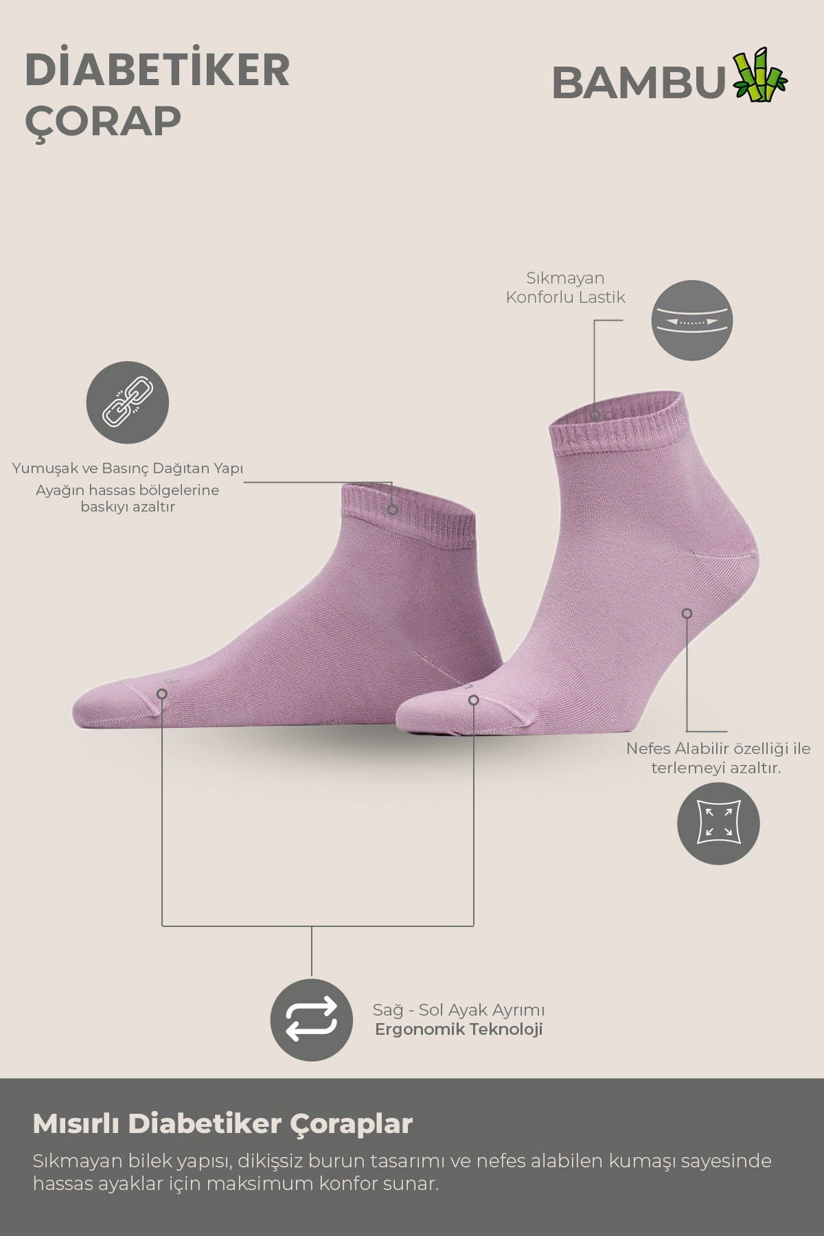 Unisex Bambu Diyabetik Sneaker Çorap Lavender
