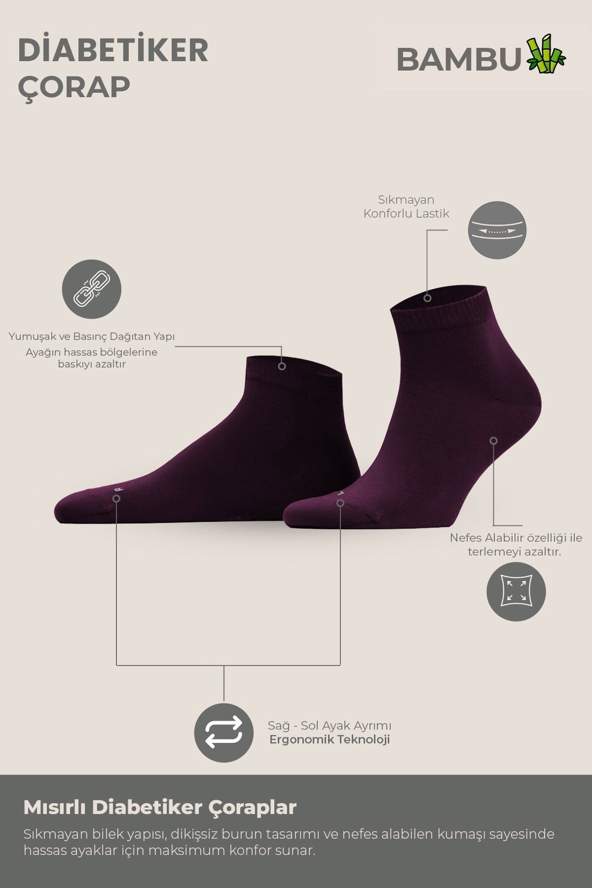 Unisex Bambu Diyabetik Sneaker Çorap Mor