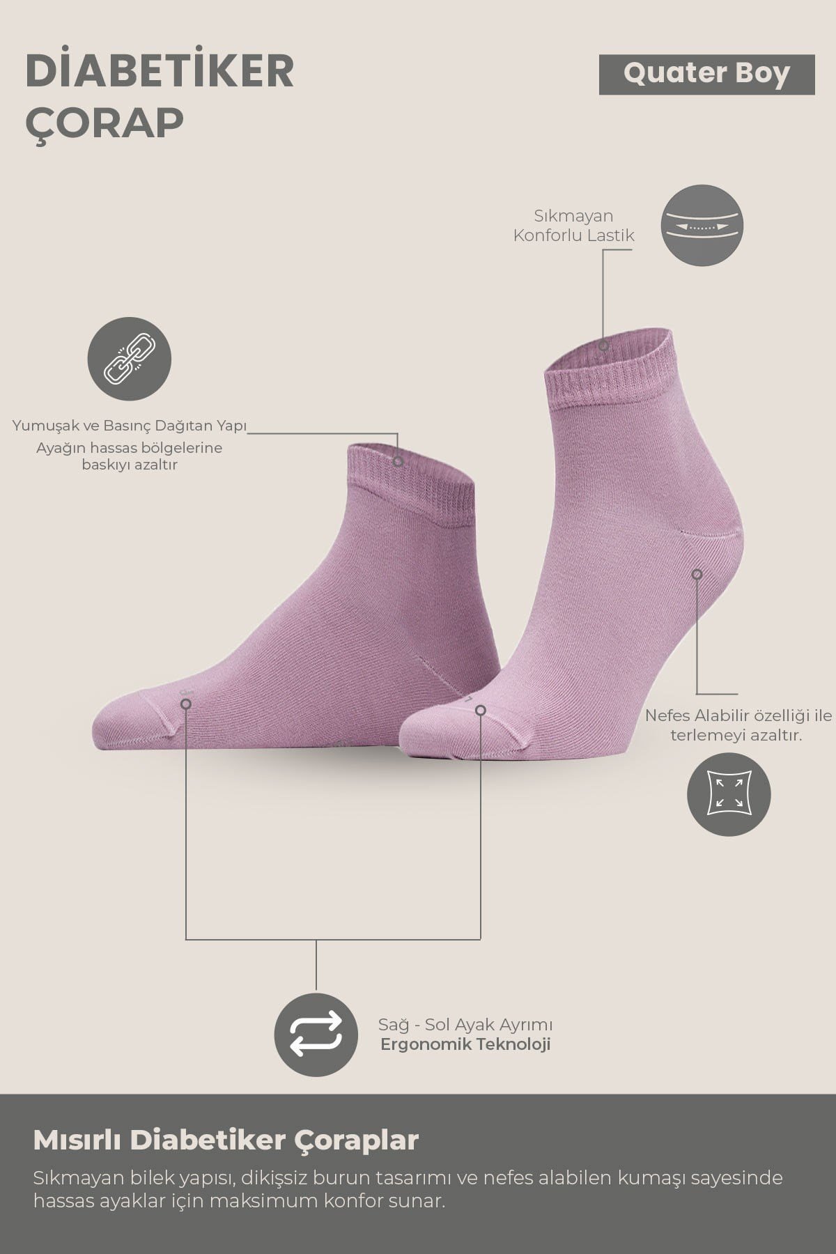 Unisex Diyabetik Bambu Kısa Konç Çorap Lavender