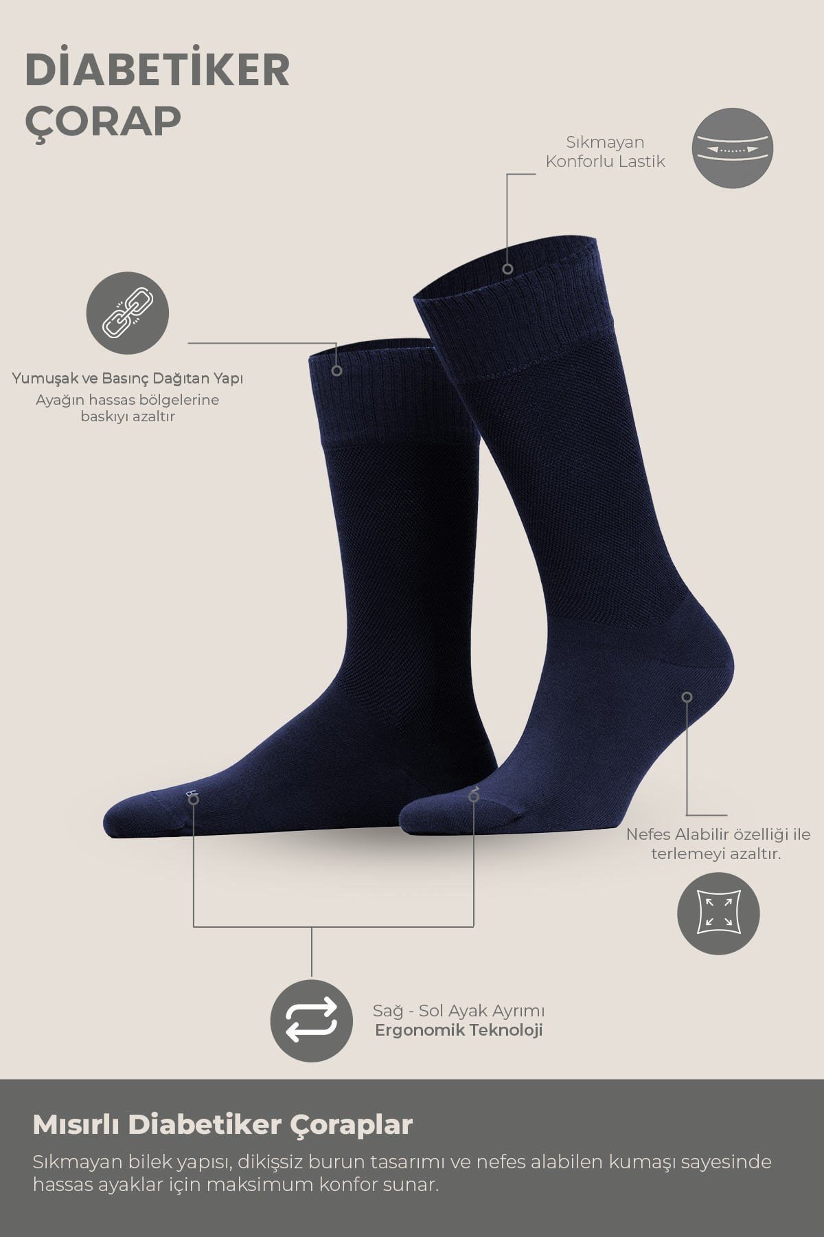 Unisex Diyabetik Bambu Soket Çorap Lacivert