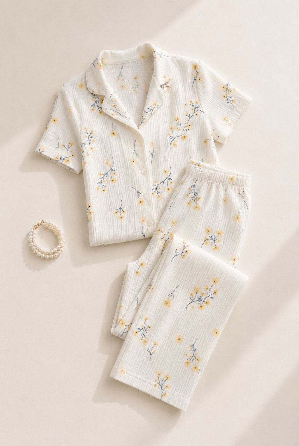 SUISY-Çıtır Çiçekli Beyaz Uzun Pijama Takımı SUISY COLLECTION