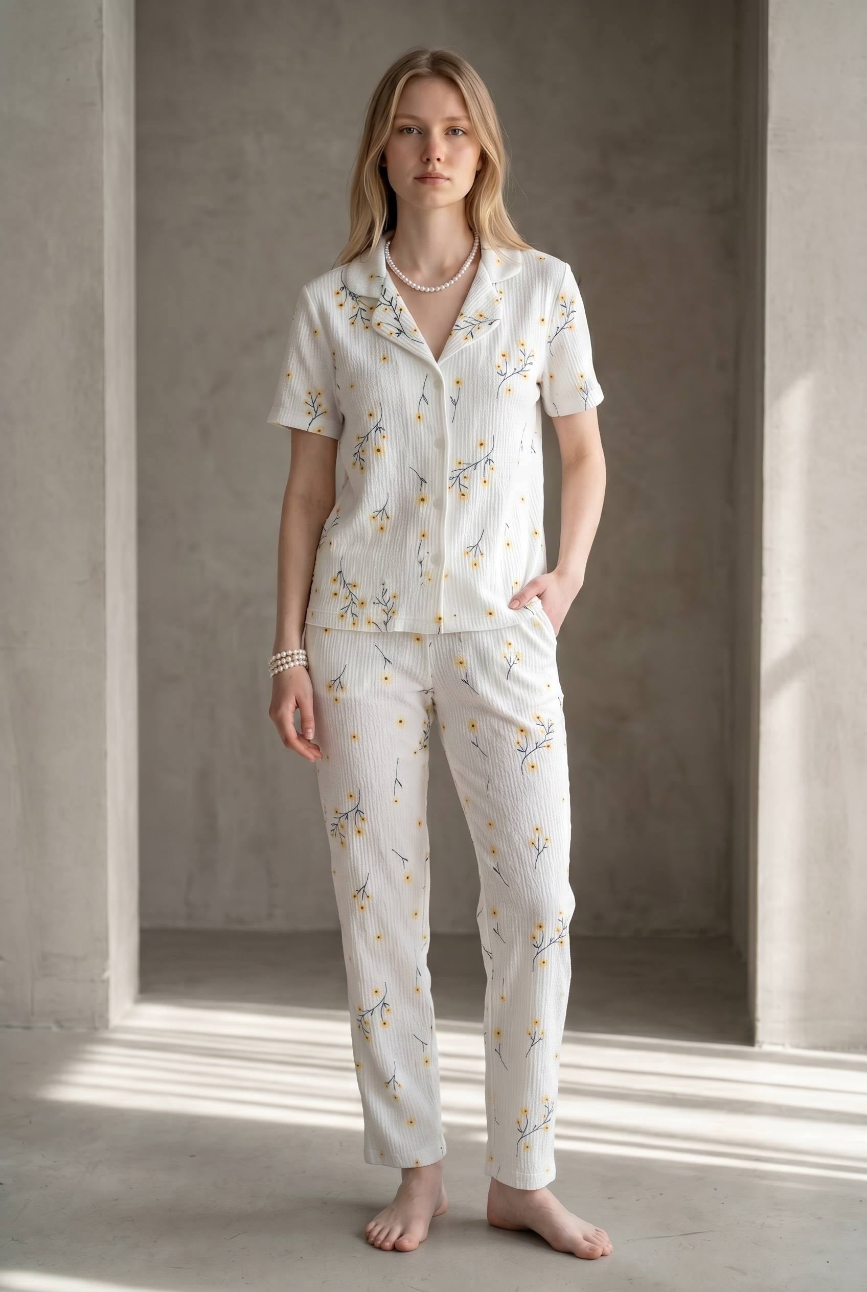 SUISY-Çıtır Çiçekli Beyaz Uzun Pijama Takımı SUISY COLLECTION